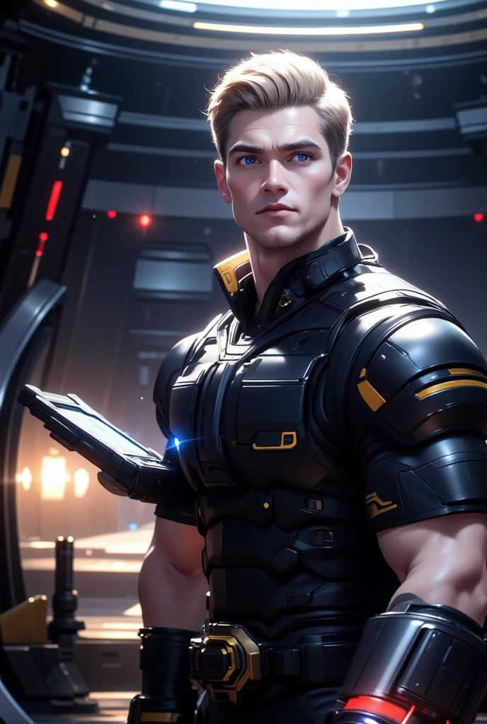 handsome man, starship captain, 195 cm tall, 37 years old, Body relief, pumped up, massive, wide strong chest, strong arms. The man has a square face with a pronounced jaw line, masculinity, short blond hair, classic haircut, blue eyes, modern space captain uniform, stands at full height in the engine room of a spaceship with a tablet in his hands, highly detailed, 8k, realistic, photorealistic, cinematic lighting, dramatic expression, epic scale, hyper detailed, intricate, precise, sharp focus, award winning digital art