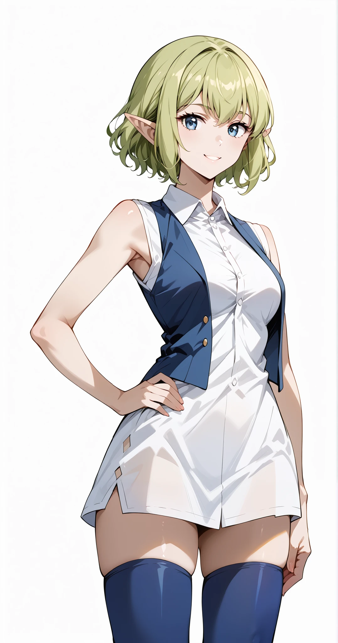 score_9, score_8_up, score_7_up, source_anime, 4K,perfect fingers,(perfect hands, perfect anatomy),prefect lighting, very aesthetic, intricate details,highly detailed background, masterpiece, high quality, best quality,
1girl, ryuu, green hair, Medium Breast,
wearing ((white shirt,blue vest,sleeveless,blue thighhighs)),,
looking at the spectator, cowboy shot, filed, hand on hip, high thigh individual , (large breasts:0.9),Stand up,fullbody,((White plain background:1.5)) ,smile,