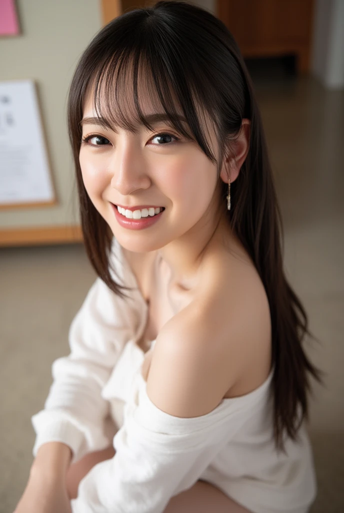 (((top-down configuration:1.4))), (best quality:1.4), (ultra highres:1.2), (photorealistic:1.4), (16k, RAW photo:1.2), (portrait shot:1.3), professional lighting, Japanese goddess, gravure, detailed face and skin texture, detailed eyes, looking at camera, nsfw, beautiful eyes, detailed eyes, beautiful face, detailed face, ((smile:1.3)), (highest quality), glowing skin, (smooth lighting:1.2), (cinema lighting:1.2), (brown long hair), (bangs:1.4), ((off shoulder:1.2)), (bare shoulder:1.2), ((emphasize cleavage:1.7)), (large breasts:1.4), ((tits to tits)), ((white sweater:1.3)), (bare thighs:1.2), (white thighs:1.1), sitting down, seiza, (leaning forward), (hands on knee), from slightly above