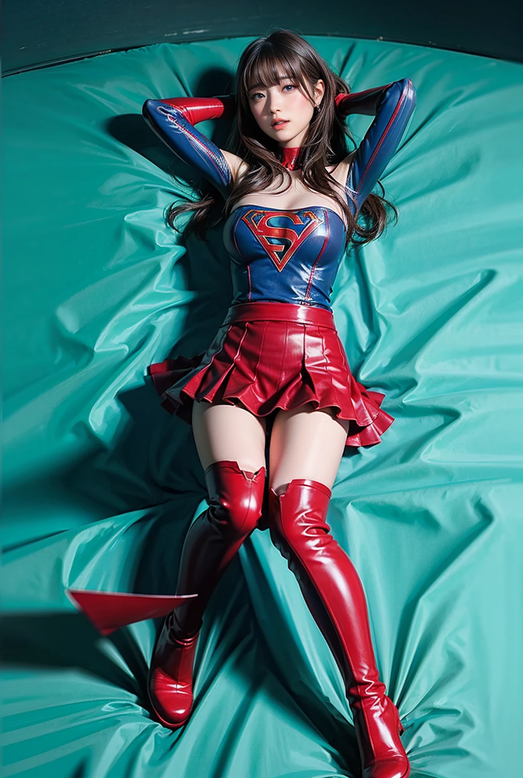  Supergirl with  all over her body、Supergirl lying on the ground 、 showing cleavage 、 spread your arms 、 red miniskirt、 red long boots