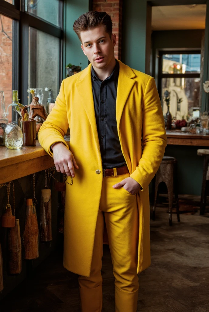 fashion photography,  of a well-endowed man as a ((sorcerous scribe)) with ((shag cut hair)) wearing (edwardian clothes),  dressed in yellow raincoat,  waterproof pants,  rubber boots,  indoor setting,  mirrored walls,  soft lighting,  hand in hair,  leaning elbow,  direct gaze,  slightly parted lips,  eye-level shot,  centered subject,  natural light,  shallow depth of field,  at a bazaar selling bottled dreams and captured starlight,  high key lighting,  shallow depth of field,  natural point rose,  ambient lighting,  (overhead shot:1.1),  shot on Sony A9 II with Sony FE 24-70mm f-2.8 GM,  photo by David Bailey 