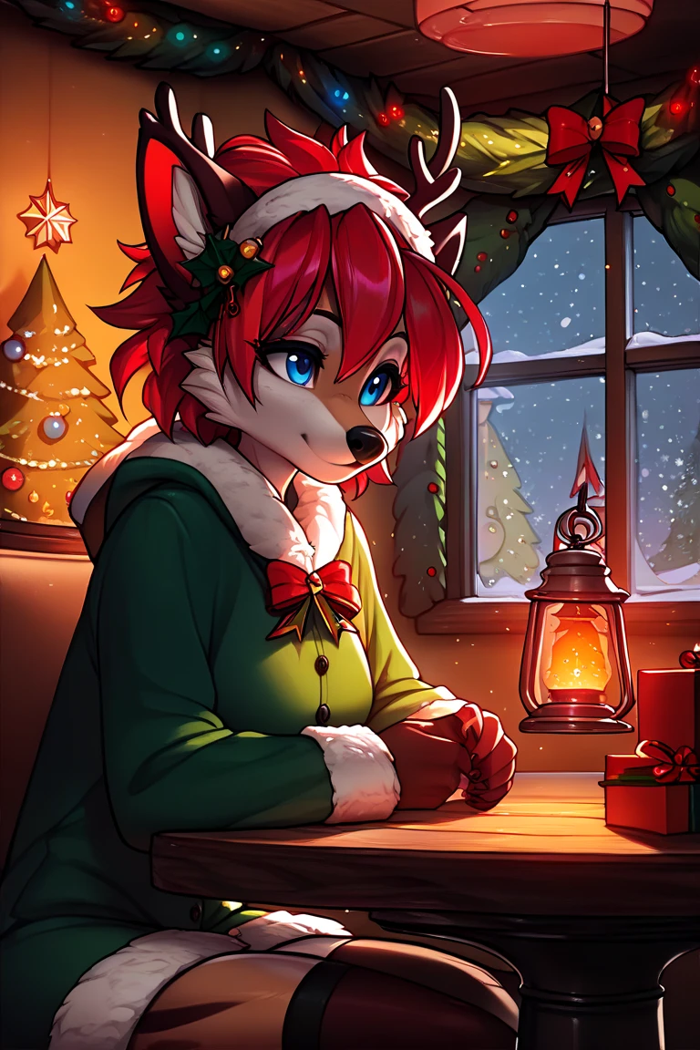 score_9, score_8_up, score_7_up, score_6_up, score_5_up, score_4_up, indoors, tavern, lantern, wooden table, light particles, ayn, 1girl, furry, red hair, hairband, blue eyes, (christmas_decorations, christmas_tree:1.4)