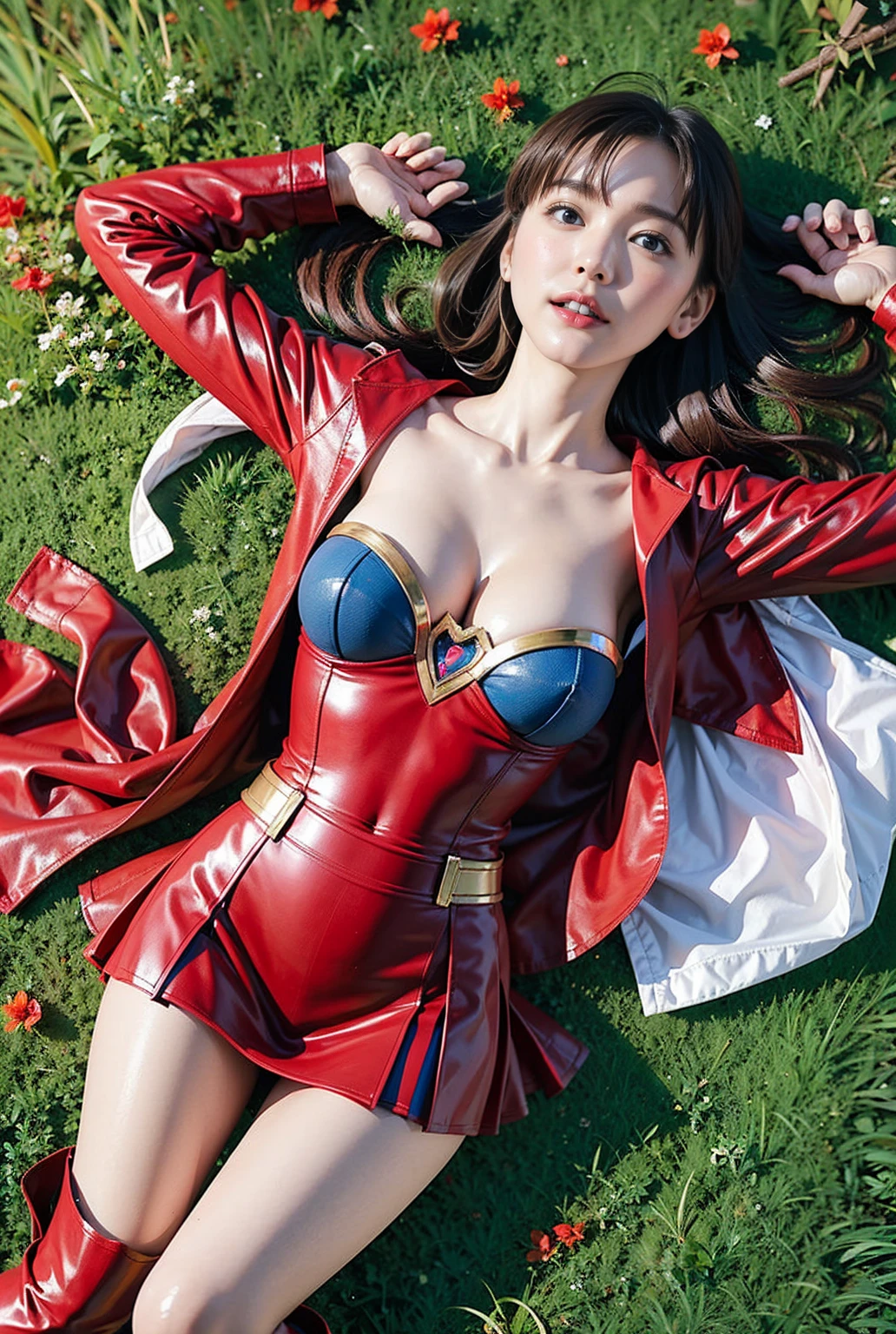  Supergirl with  all over her body、Supergirl lying on the ground 、 showing cleavage 、 spread your arms 、 red miniskirt、 red long boots