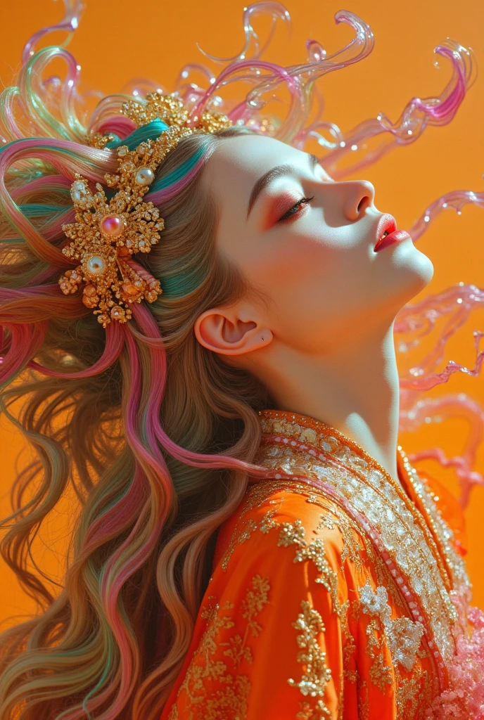 In a colorful, cinematic photoshoot, an Art Nouveau-inspired fantasy girl is shown against a gradient of pale orange. She wears an intricate orange kimono adorned with mysterious lace frills and a beautiful hair accessory. Her rainbow hair flows like a swirl with four different wind effects blowing her long hair back and forth. The magical girl's body is slightly translucent, revealing her sexy teenage figure. In a low-angle shot from above, the model leans back and looks up with half-closed eyes that appear to glow bio-luminescently. Her detailed face features fractal irises. White eye makeup, eyelashes, eyeliner, and eyeshadow create incredibly detailed perspectives. Her cute expression is enhanced by her seductive pose, pulling her chin toward her chest. The image features a melted pigment effect with dripping paint and a variety of colors splashed around the woman. The overall aesthetic has a cultural feel, inspired by melted pigments, along with abstract art and poetic elements. Angel PTI Cyberpunk