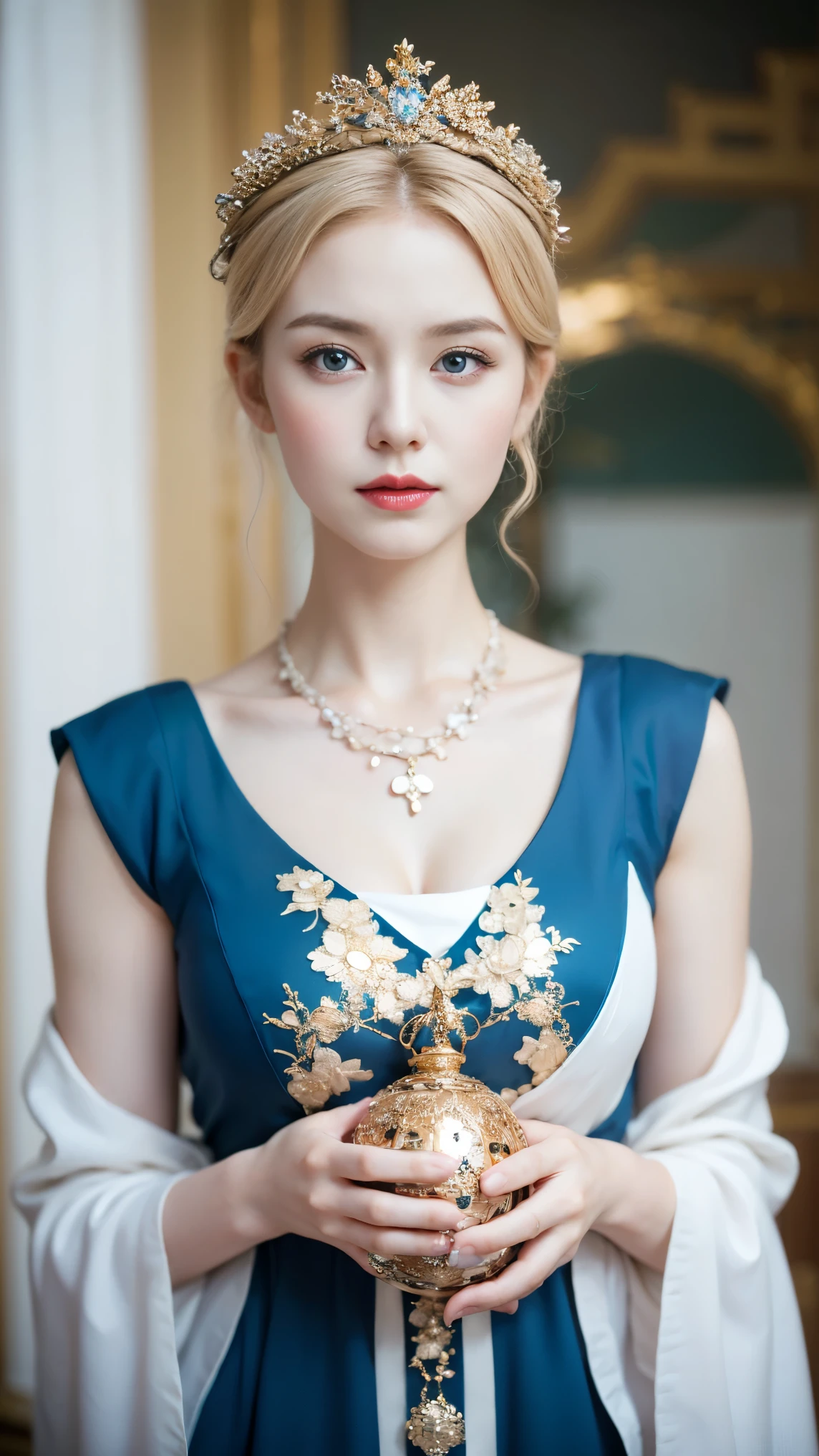 a close up of a woman wearing a blue dress and a necklace, rococo queen, pale porcelain white skin, porcelain pale skin, a beautiful fantasy empress, pale snow white skin, porcelain white skin, palace , a girl in hanfu, ((a beautiful fantasy empress)), ball jointed doll, pale milky white porcelain skin, # rococo