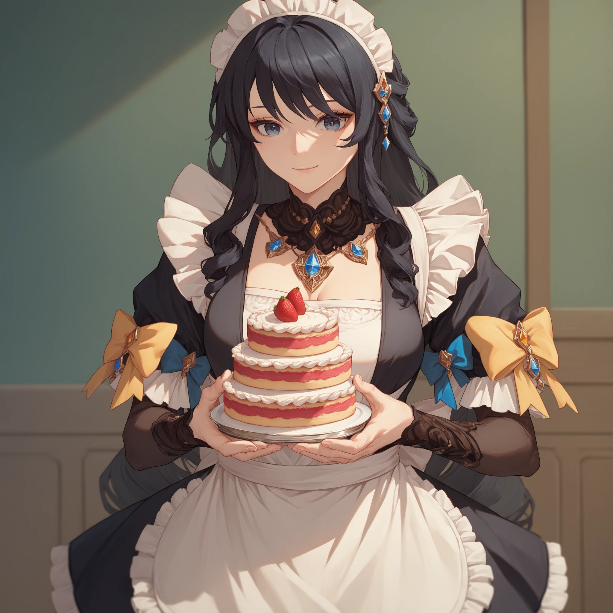 score_9, score_8_up, score_7_up, source_anime ginavia,female, black hair, black eyes, maid, maid headdress, maid apron, holding cake, light smile,