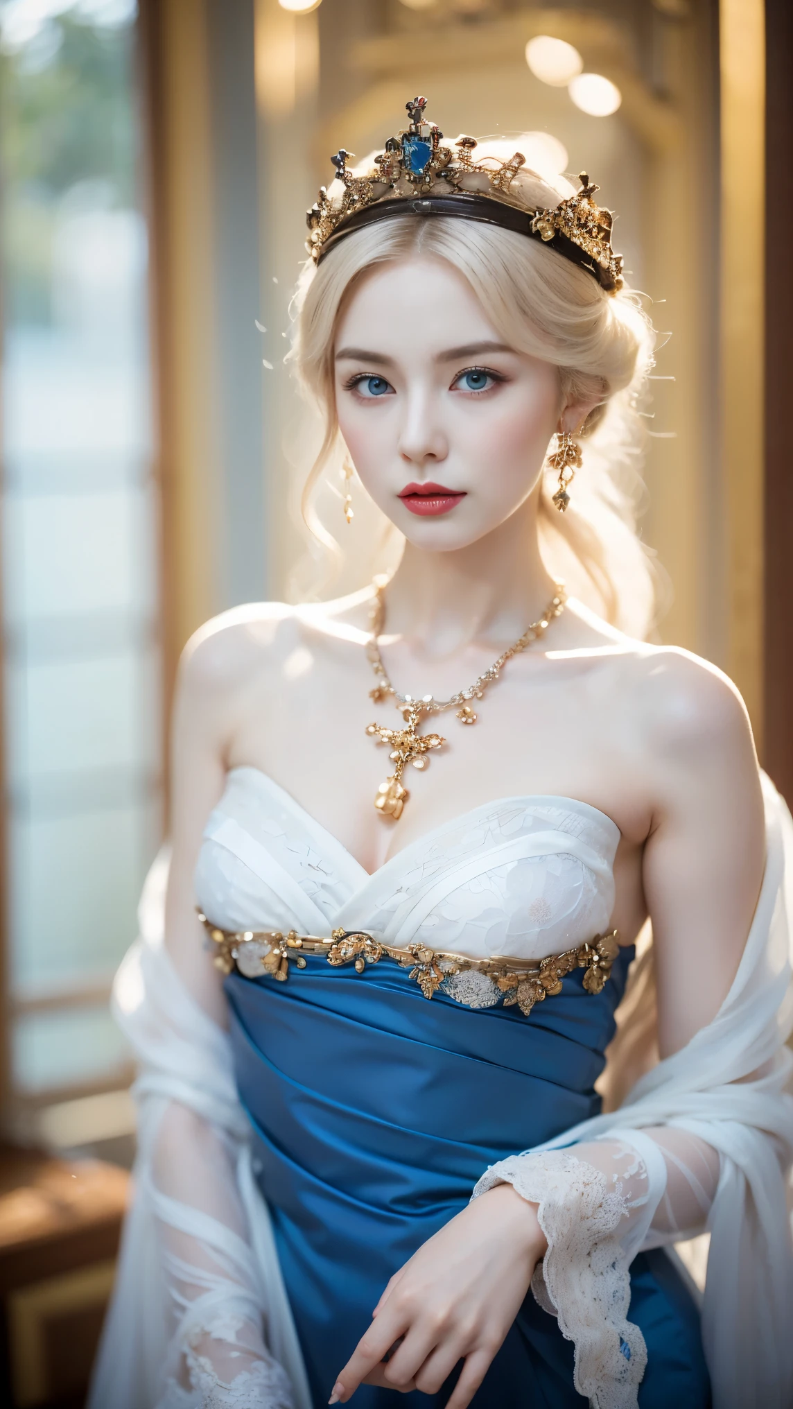 a close up of a woman wearing a blue dress and a necklace, rococo queen, pale porcelain white skin, porcelain pale skin, a beautiful fantasy empress, pale snow white skin, porcelain white skin, palace ， a girl in hanfu, ((a beautiful fantasy empress)), ball jointed doll, pale milky white porcelain skin, # rococo