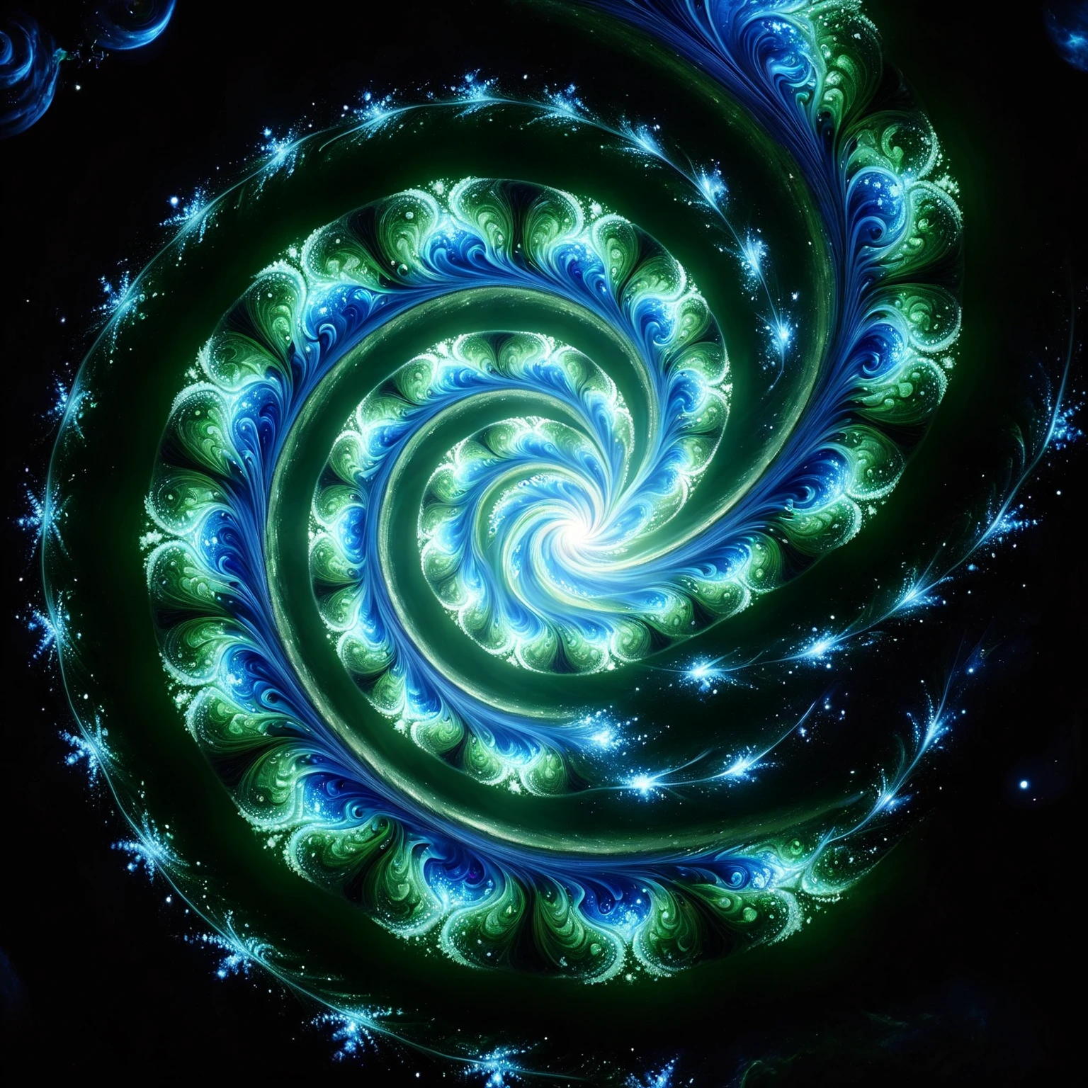 Enhance this image, zoom in on it, and increase the swirl in the spiral. Add complex and intricate spiral patterns. Deep space influence. Add color that is bright and super saturated and highlighted. Perfect Symmetry,  Rotational Symmetry, Realism. Photo-realistic, UHD, cinematic photography, cinematic lighting, cinematic portrait  portrait photography, cinematic, realism, ultra detailed.