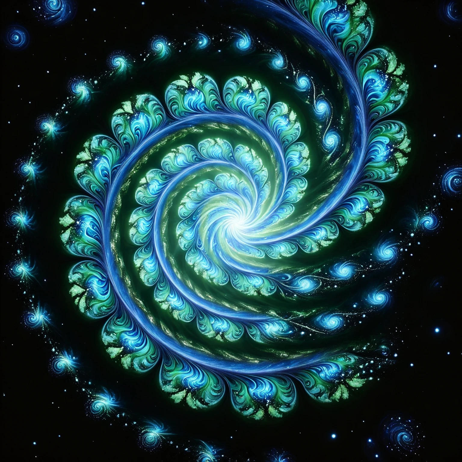 Enhance this image, zoom in on it, and increase the swirl in the spiral. Add complex and intricate spiral patterns. Deep space influence. Add color that is bright and super saturated and highlighted. Perfect Symmetry,  Rotational Symmetry, Realism. Photo-realistic, UHD, cinematic photography, cinematic lighting, cinematic portrait  portrait photography, cinematic, realism, ultra detailed.