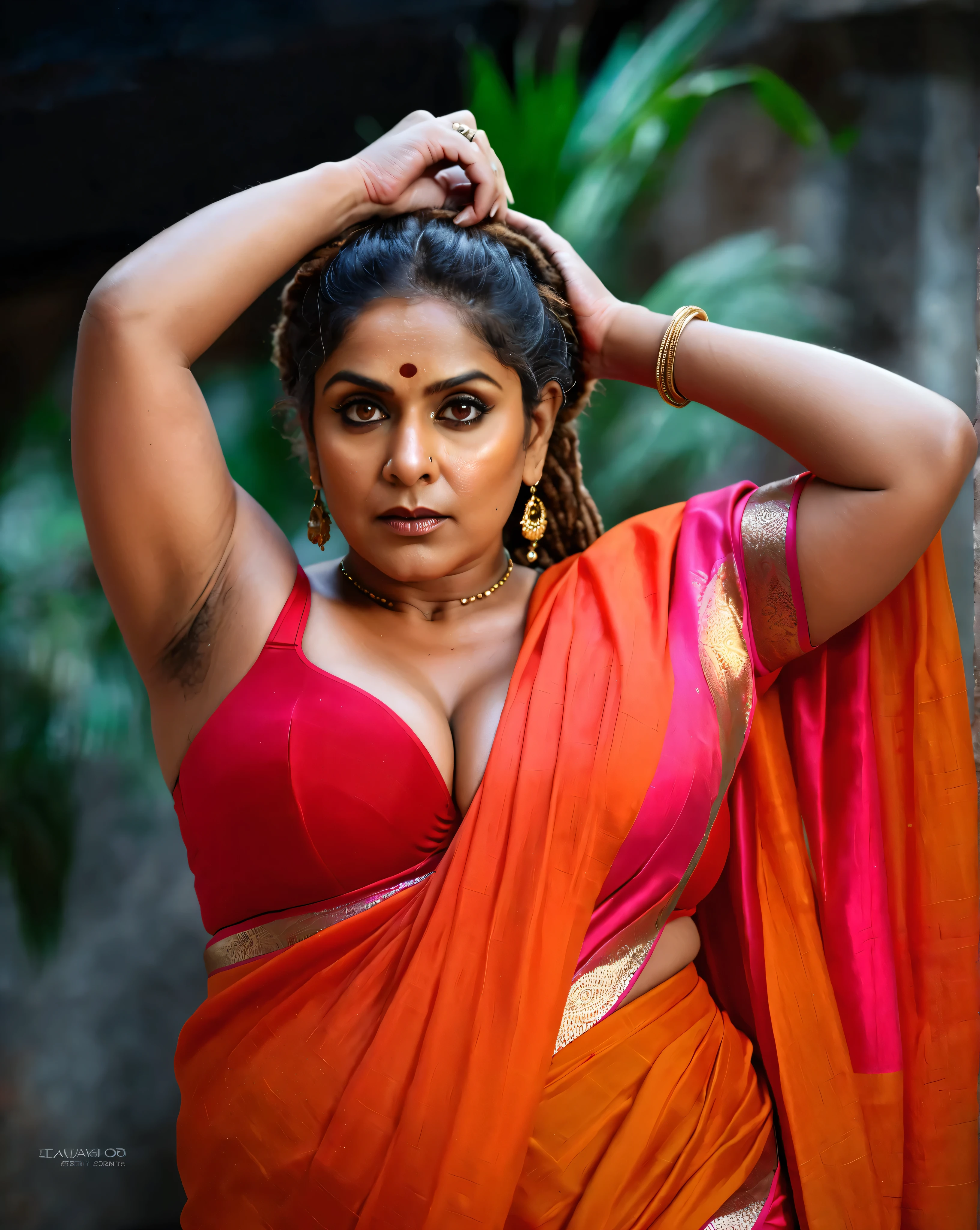 Looks like Nayanthara, (a Close-up Portrait photo of a middle aged Indian woman),(solo), (metalic skin color),(Highly detailed face:1.4)(background inside dark, Moody, Private study:1.3),(split lighting: 1.4)(old indian woman:1. 60, milf, heavy figure, fleshy figure, curvy, thick heavy figure, fluffy hair, mallu aunty, thick fleshy aunty, deep juicy navel, deep cleavage, styled dreadlocks hair,swag,extremely detailed armpit hairs,portrait,half body,detailed eyes and face,detailed hair,traditional clothing,aged appearance,royal background,studio lighting,vibrant colors,dignified expression), Nikon D850, film stock photograph ,4 Kodak Portra 400 ,Camera f1.6 shots ,Rich colors ,Ultra photo realsisim ,Lifelike texture, Dramatic lighting , cine still 800, looking extremely sexy in sequin saree and bralette, wear, spicy hot, stunning beauty, ethnic saree style, bulky fleshy figure, she likes to wear saree without bra, Bengali traditional blouseless saree, wearing a stanapatta, traditional Indian strapless bra, looks so hot in modern sleeveless blouse, sexy Sheer Sleeveless Blouse, sexy off shoulder blouse, heavy figure, wide body, showing her sexy stubble armpits, aesthetic, sensually appealing, smokin' hot, Sexy mature aunty, spicy hot, sizzling, sensual desire, sexy navel folds, fleshy figure,