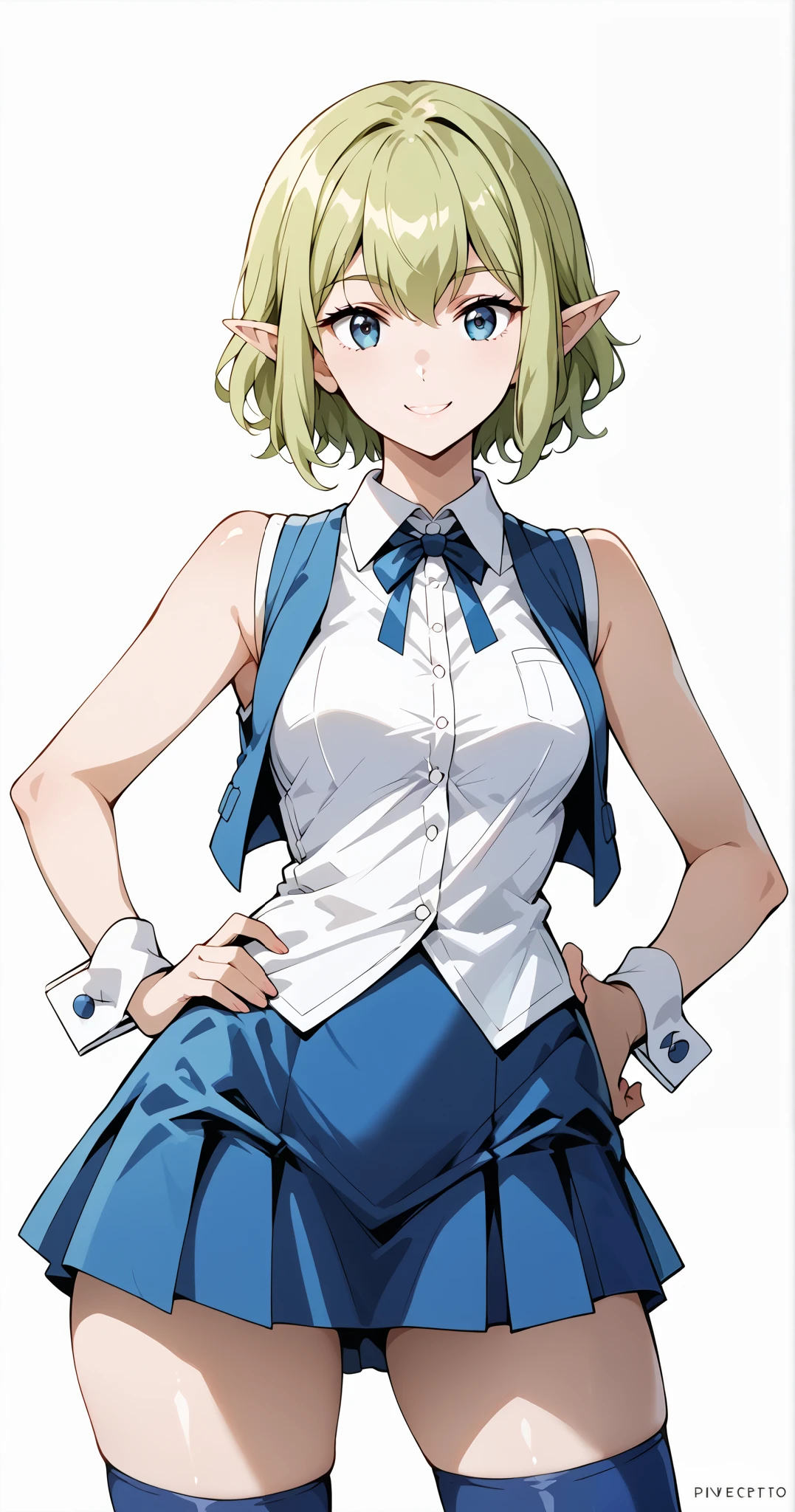 score_9, score_8_up, score_7_up, source_anime, 4K,perfect fingers,(perfect hands, perfect anatomy),prefect lighting, very aesthetic, intricate details,highly detailed background, masterpiece, high quality, best quality,
1girl, ryuu, green hair, Medium Breast,
wearing ((white shirt,blue vest,sleeveless,blue thighhighs,blue skirt,wrist cuffs)),,
looking at the spectator, cowboy shot, filed, hand on hip, high thigh individual , (large breasts:0.9),Stand up,fullbody,((White plain background:1.5)) ,smile,