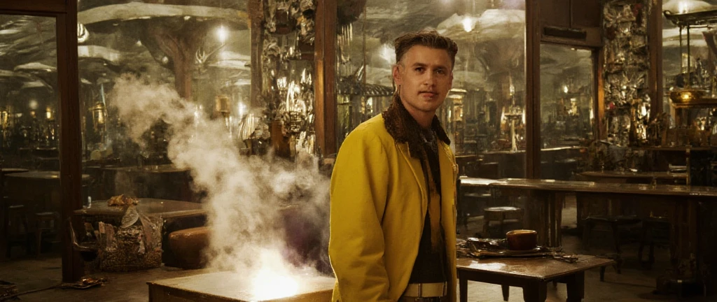 fashion photography,  of a well-endowed man as a ((sorcerous scribe)) with ((shag cut hair)) wearing (edwardian clothes),  dressed in yellow raincoat,  waterproof pants,  rubber boots,  indoor setting,  mirrored walls,  soft lighting,  hand in hair,  leaning elbow,  direct gaze,  slightly parted lips,  eye-level shot,  centered subject,  natural light,  shallow depth of field,  at a bazaar selling bottled dreams and captured starlight,  high key lighting,  shallow depth of field,  natural point rose,  ambient lighting,  (overhead shot:1.1),  shot on Sony A9 II with Sony FE 24-70mm f-2.8 GM,  photo by David Bailey 