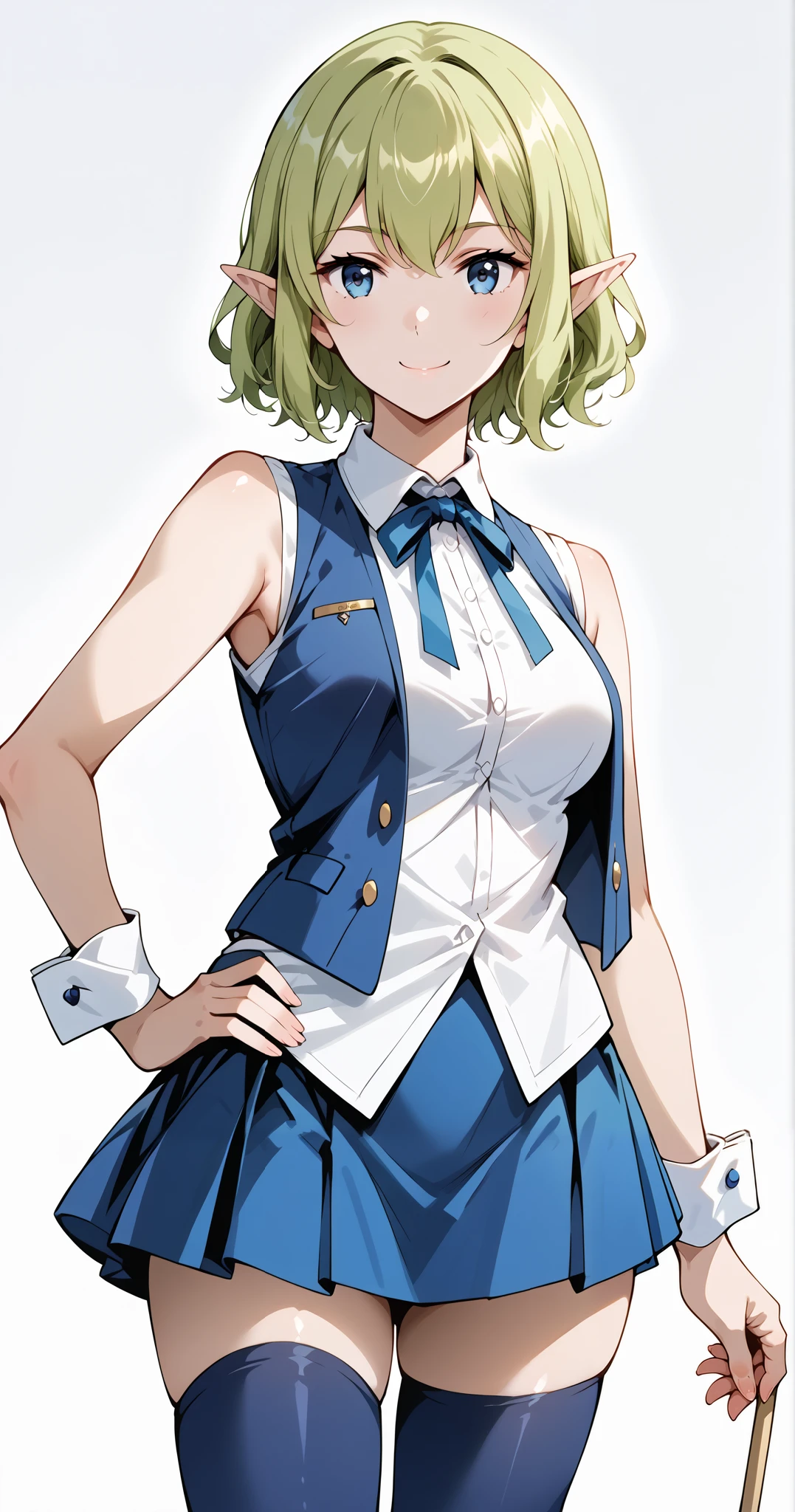 score_9, score_8_up, score_7_up, source_anime, 4K,perfect fingers,(perfect hands, perfect anatomy),prefect lighting, very aesthetic, intricate details,highly detailed background, masterpiece, high quality, best quality, 
1girl, ryuu, green hair, Medium Breast,
wearing ((white shirt,blue vest,sleeveless,blue thighhighs,blue skirt,wrist cuffs,neck ribbon)),,
looking at the spectator, cowboy shot, filed, hand on hip, high thigh individual , (large breasts:0.9),Stand up,fullbody,((White plain background:1.5)) ,smile,