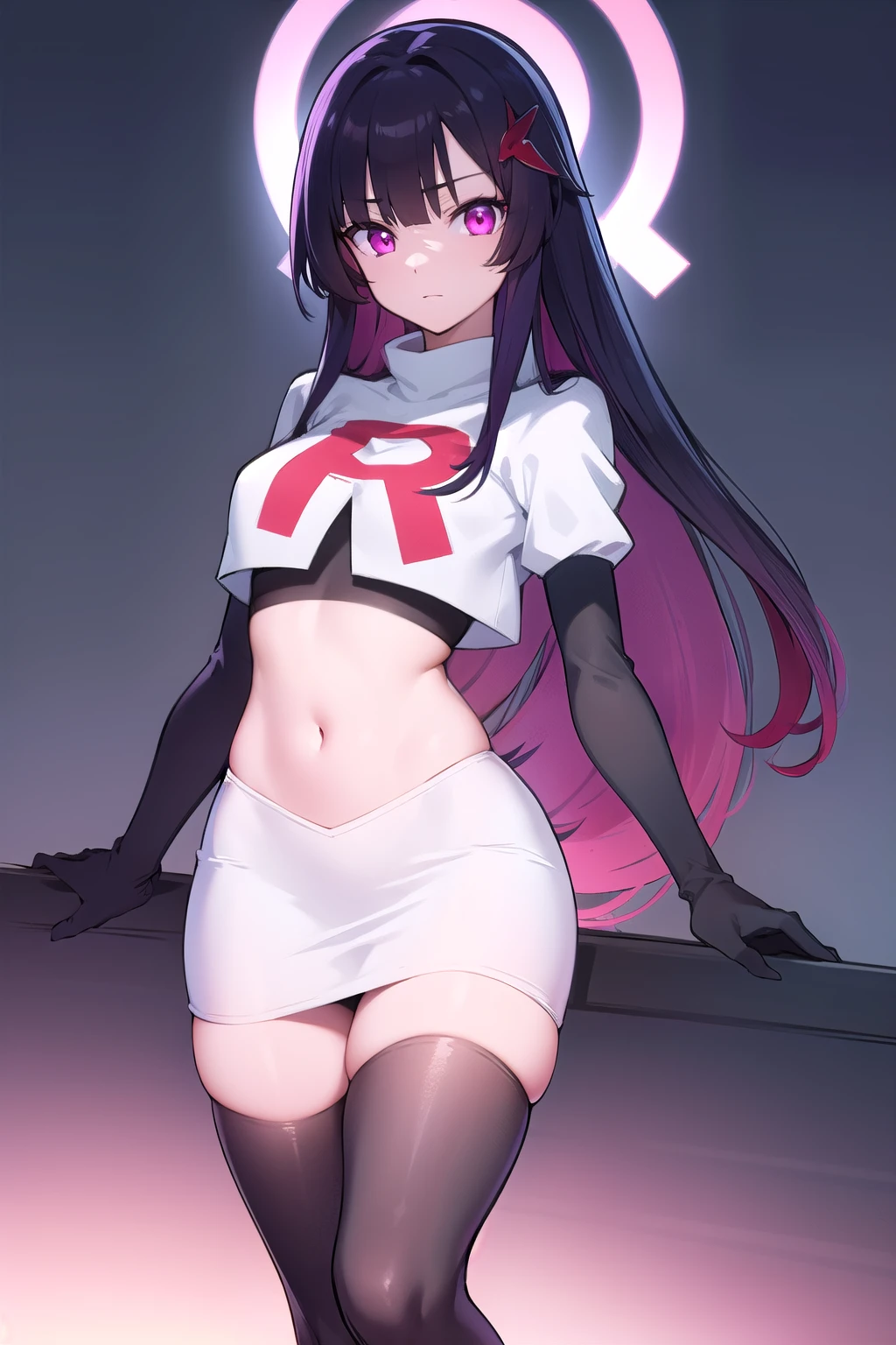 ((extreme detail)),(ultra-detailed),(painting), chiaroscuro, extremely detailed CG unity 8k wallpaper, best quality, anarchy stocking, hair bow, black adjusting hair, simple background, team rocket,team rocket uniform,white skirt,red letter R,crop top,black thigh-highs,black elbow gloves