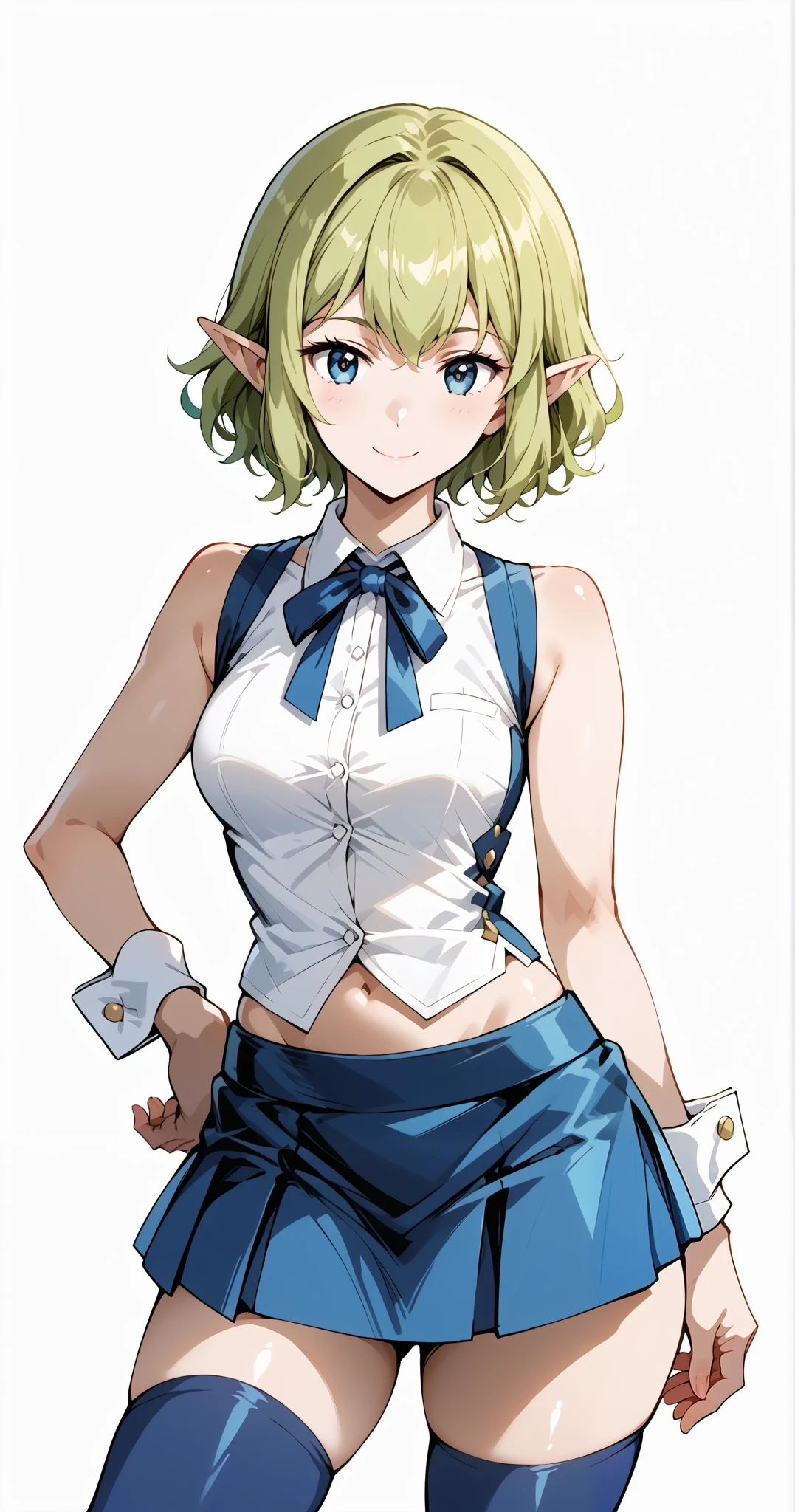 score_9, score_8_up, score_7_up, source_anime, 4K,perfect fingers,(perfect hands, perfect anatomy),prefect lighting, very aesthetic, intricate details,highly detailed background, masterpiece, high quality, best quality, 
1girl, ryuu, green hair, Medium Breast,
wearing ((white shirt,blue vest,sleeveless,blue thighhighs,blue skirt,wrist cuffs,neck ribbon,midriff)),,
looking at the spectator, cowboy shot, filed, hand on hip, high thigh individual , (large breasts:0.9),Stand up,fullbody,((White plain background:1.5)) ,smile,