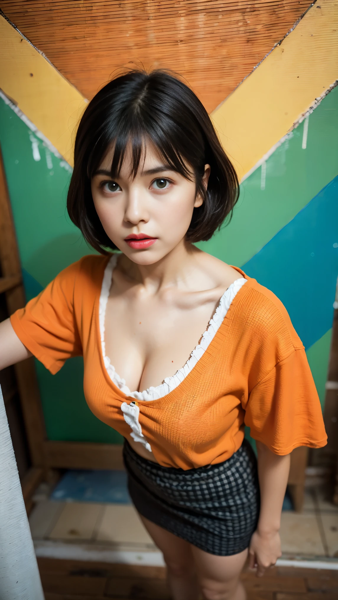 (bipolar background ) young girl Isabel Moner-SMF Dora ), (((view down))) (low camera view ). ( hyperrealistic ), Very short orange hair, expressive green eyes , freckles, Hawaiian tunic, checkered mini skirt , sports, Sweaty, medium breasts , aesthetics, ((oil painting)), (cadmium:0.2), (ultramarine :0.2), (olive :0.75),(turquoise:0.2),(orange:0.2), (Jeremy Mann:0.5), ( by John Constable :0.1),(by El Greco:0.5),( rough strokes of acrylic paint :0.75), 8k.