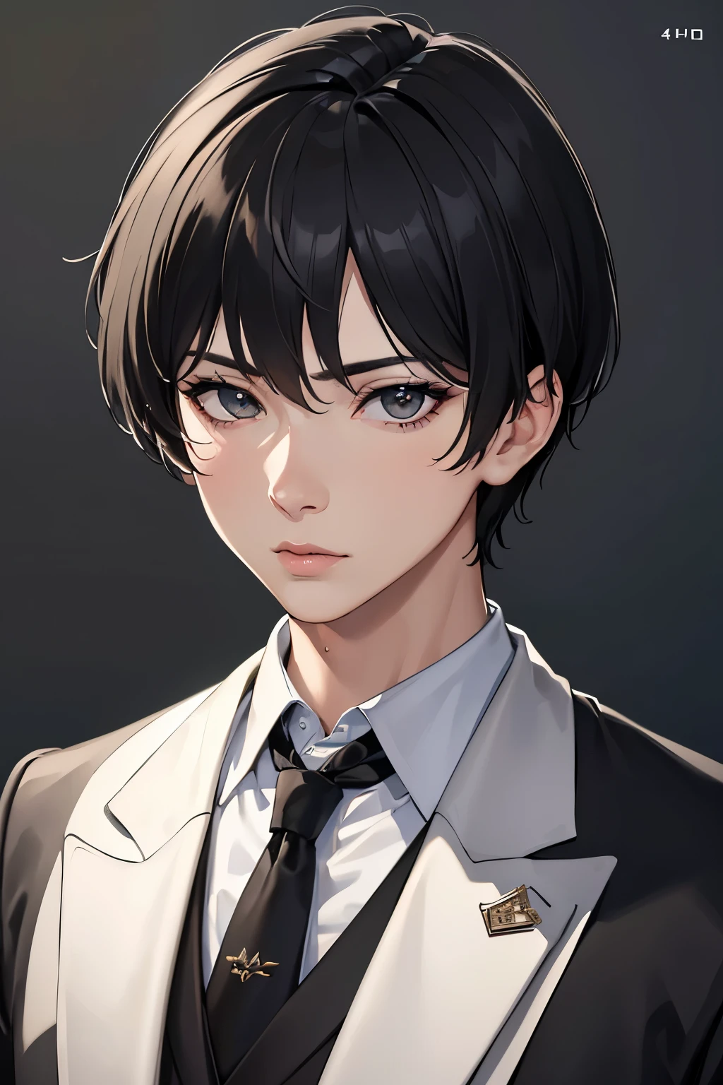 masterpiece, best quality, 1boy, black hair, short hair, black suit, mature, suit, sharp eyes, confident, detailed eyes, realistic face, realistic eyes, detailed facial features, realistic and high resolution (best quality, 4k, 8k, highres, masterpiece:1.2)