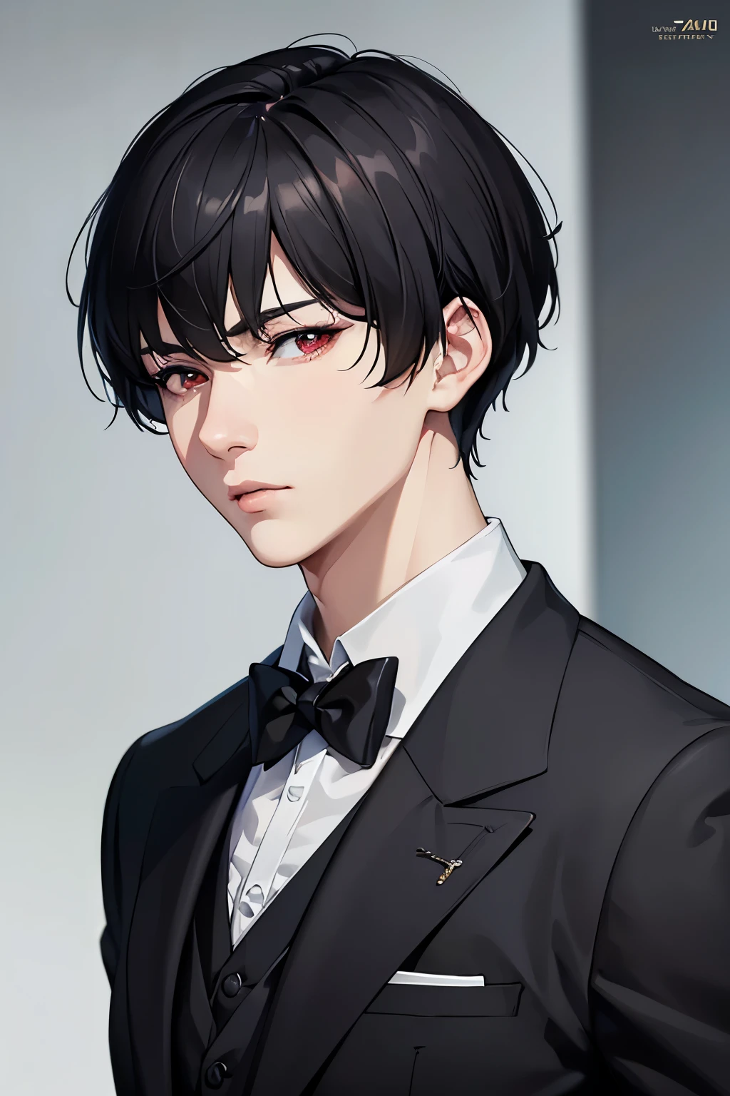 masterpiece, best quality, 1boy, red eyes, black hair, short hair, black suit, mature, suit, sharp eyes, confident, detailed eyes, realistic face, realistic eyes, detailed facial features, realistic and high resolution (best quality, 4k, 8k, highres, masterpiece:1.2)