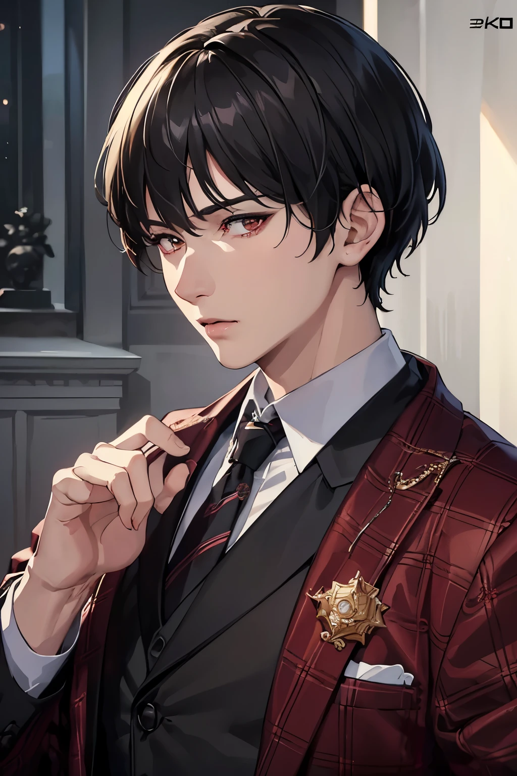 masterpiece, best quality, 1boy, red eyes, black hair, short hair, black suit, mature, suit, sharp eyes, confident, detailed eyes, realistic face, realistic eyes, detailed facial features, realistic and high resolution (best quality, 4k, 8k, highres, masterpiece:1.2)