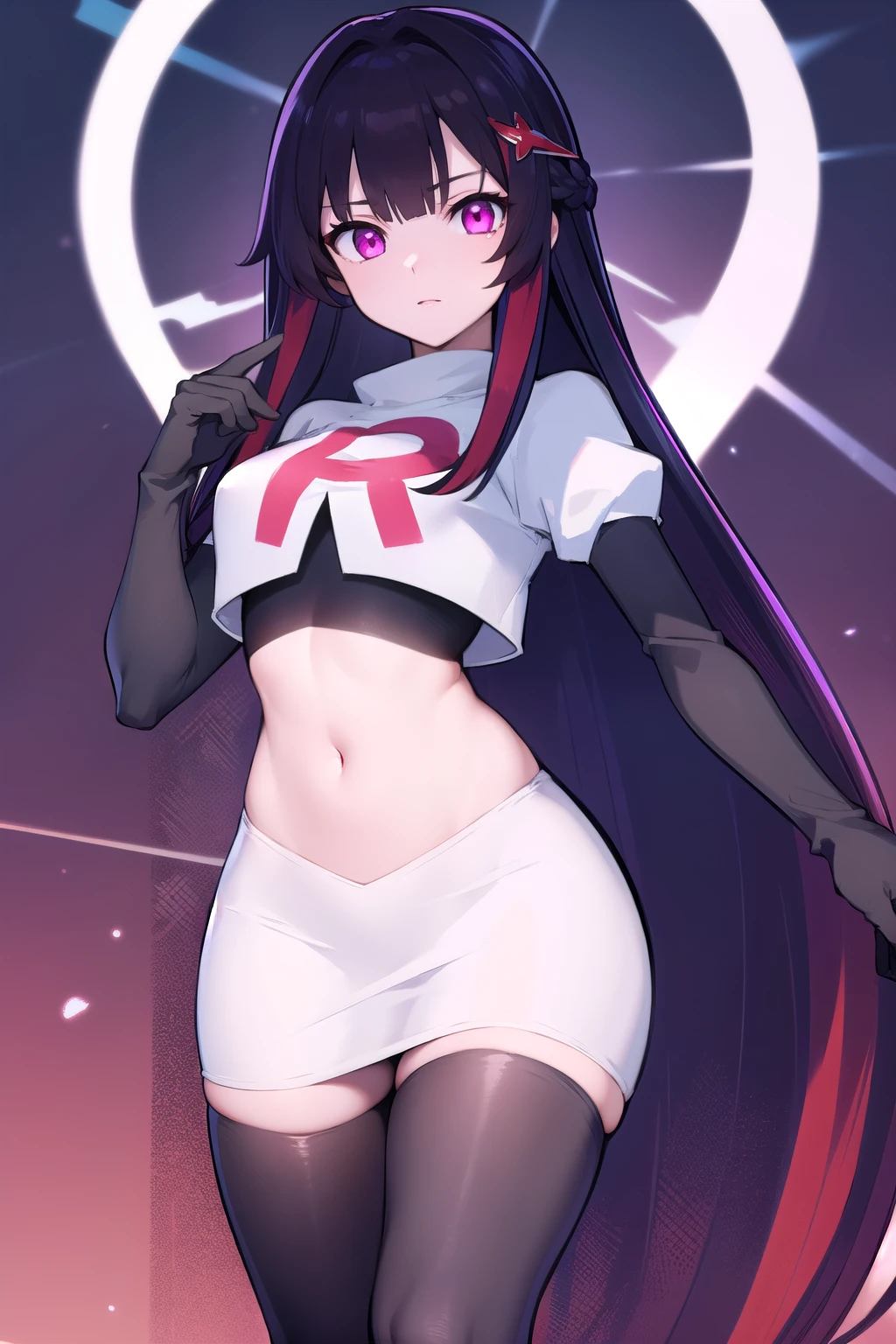 ((extreme detail)),(ultra-detailed),(painting), chiaroscuro, extremely detailed CG unity 8k wallpaper, best quality, anarchy stocking, hair bow, black adjusting hair, simple background, team rocket,team rocket uniform,white skirt,red letter R,crop top,black thigh-highs,black elbow gloves