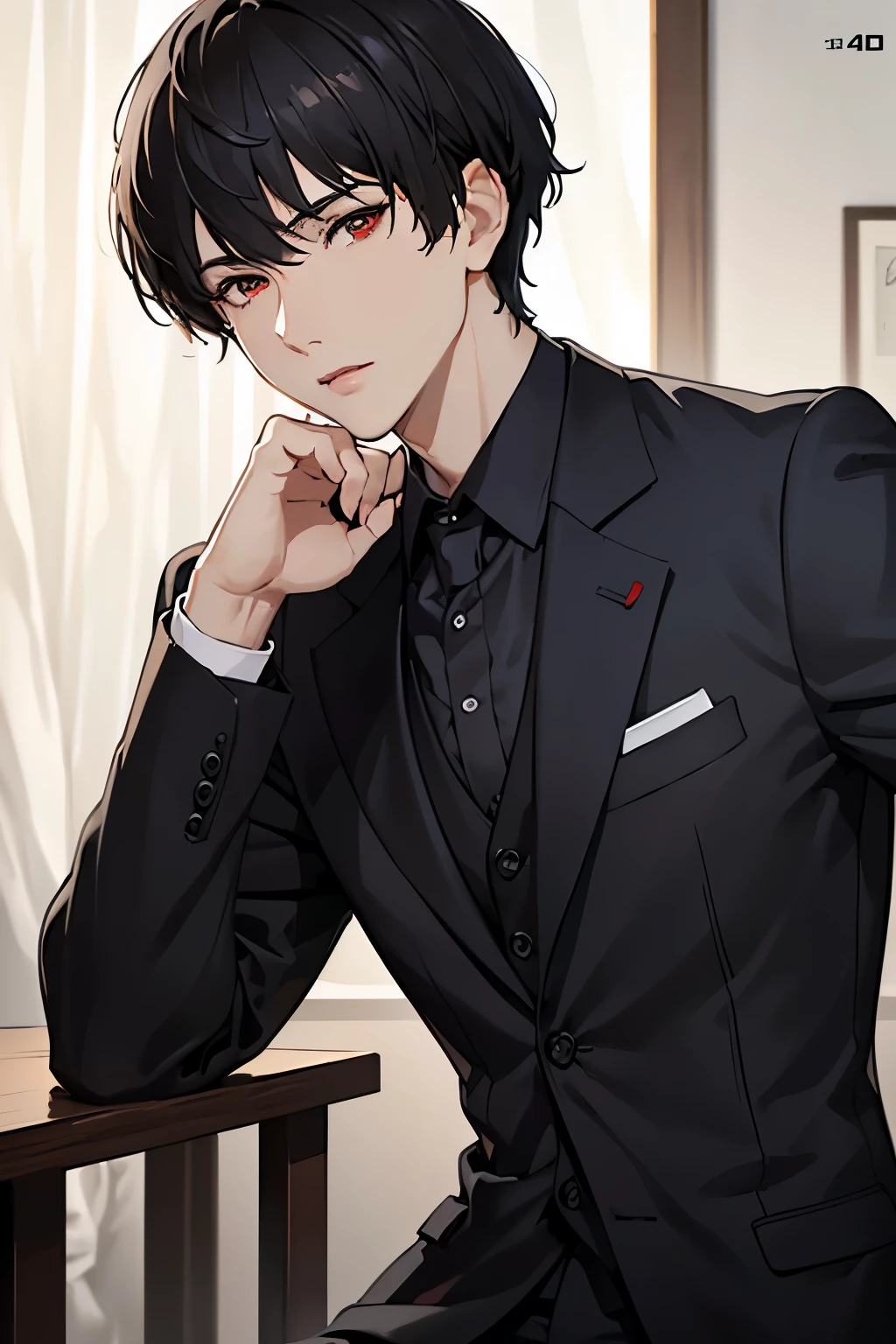 masterpiece, best quality, 1boy, red eyes, black hair, short hair, black suit, mature, suit, sharp eyes, confident, detailed eyes, realistic face, realistic eyes, detailed facial features, realistic and high resolution (best quality, 4k, 8k, highres, masterpiece:1.2)