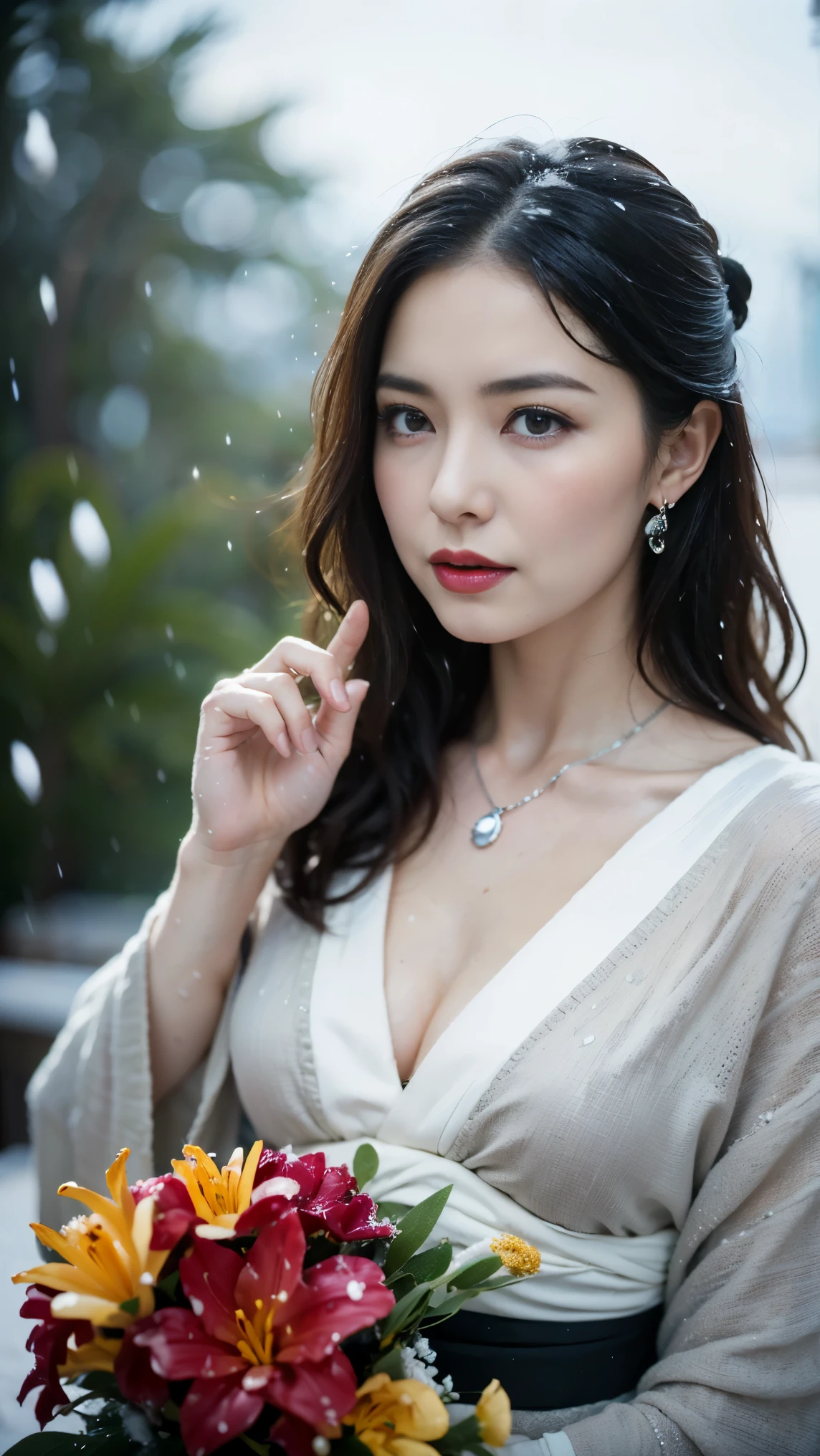 random posture, (very delicate and beautiful work), (masterpiece), 1girl, a girl in a white dress, high-detailed, leaking waist, contorted ponytail, charming look, beautiful clear eyes, green pupils, delicate necklace, delicate earrings, fairy ears, simple blurred background, very detailed description, beautiful, charming, Ultra-fine painting, delicate face, delicate figure, thin collarbone, beautiful lips, beautiful breasts, soft back figure, mix4, (8k, RAW photo, best quality, masterpiece: 1.2), (realistic, photorealistic: 1.37), girl alone, cute, cityscape, night, rain, rain, professional lighting, photon mapping, radiosity, physically based rendering, latex latex latex