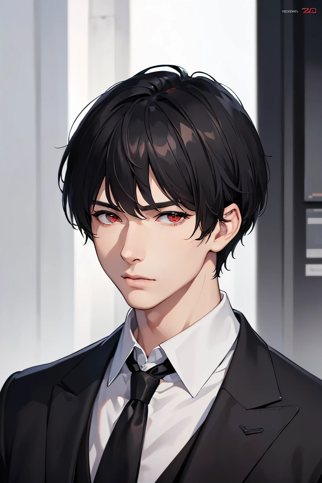 masterpiece, best quality, 1boy, red eyes, black hair, short hair, black suit, bangs, mature, suit, sharp eyes, confident, mature, masculine, detailed eyes, realistic face, realistic eyes, upper body, closed up detailed facial features, realistic and high resolution (best quality, 4k, 8k, highres, masterpiece:1.2)