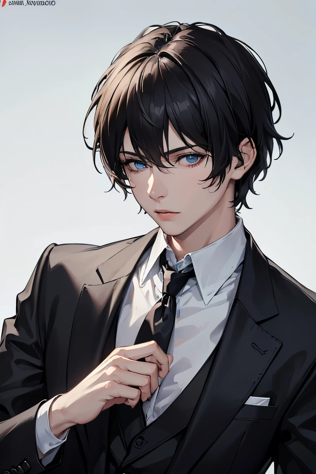 masterpiece, best quality, 1boy, blue eyes, black hair, short hair, black suit, mature, suit, sharp eyes, confident, detailed eyes, realistic face, realistic eyes, detailed facial features, realistic and high resolution (best quality, 4k, 8k, highres, masterpiece:1.2)