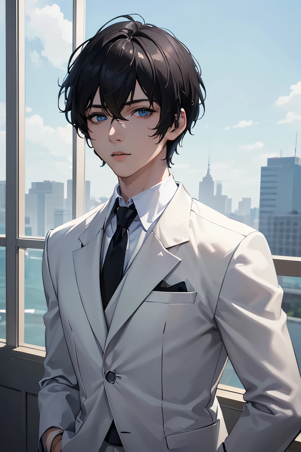 masterpiece, best quality, 1boy, blue eyes, black hair, short hair, white shirt, mature, suit, sharp eyes, confident, detailed eyes, realistic face, realistic eyes, detailed facial features, realistic and high resolution (best quality, 4k, 8k, highres, masterpiece:1.2)