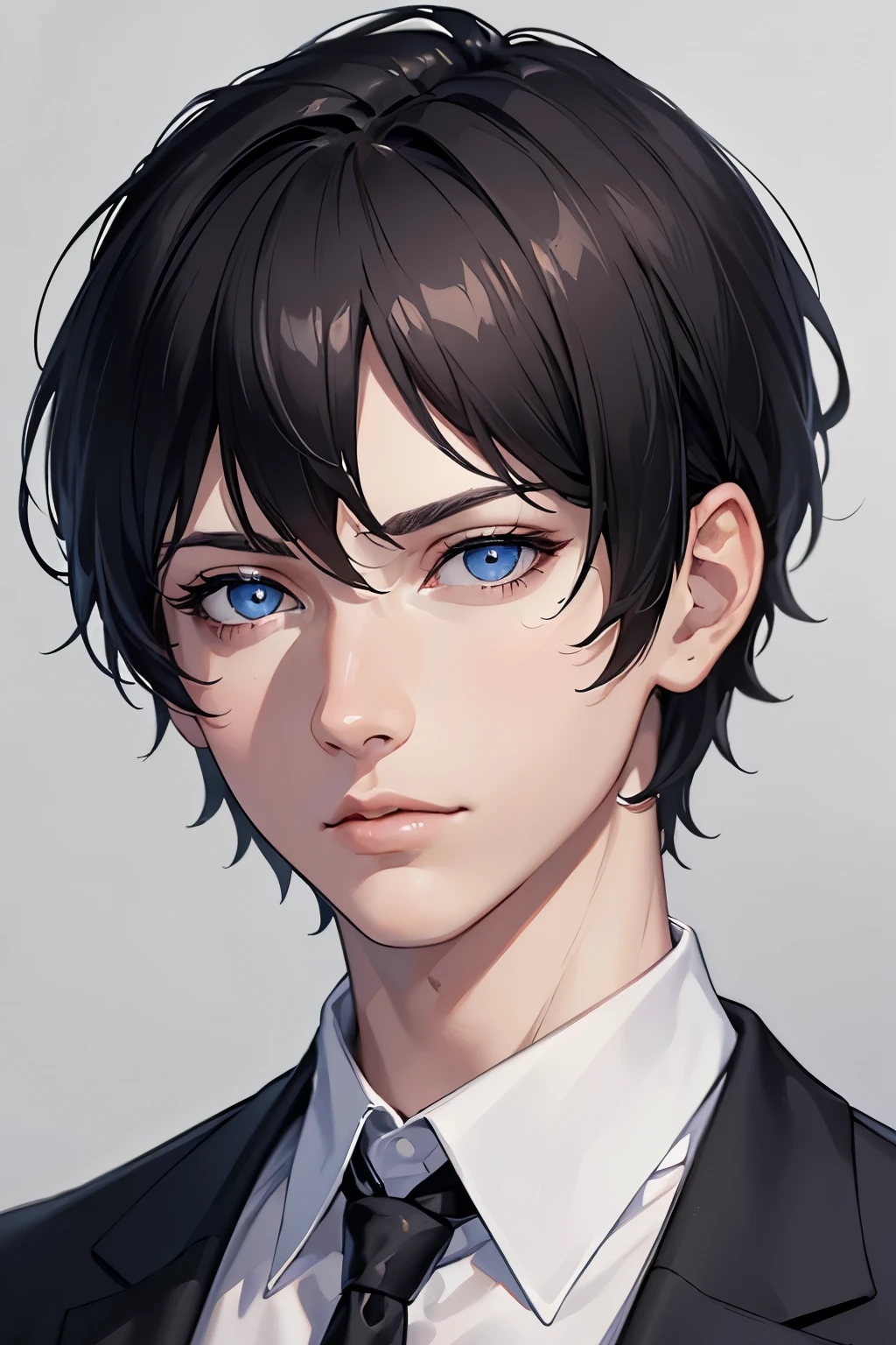 masterpiece, best quality, 1boy, blue eyes, black hair, short hair, white shirt, mature, suit, sharp eyes, confident, detailed eyes, realistic face, realistic eyes, detailed facial features, realistic and high resolution (best quality, 4k, 8k, highres, masterpiece:1.2)