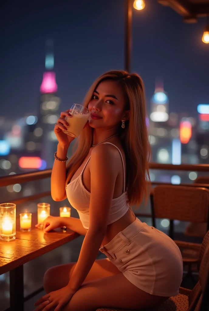 a beautiful smiling latin woman, detailed face and eyes, drinking a cocktail, enjoying the night cityscape of São Paulo, ornate architecture, neon lights, starry sky, (best quality,4k,8k,highres,masterpiece:1.2),ultra-detailed,(realistic,photorealistic,photo-realistic:1.37),cityscape,cinematic lighting,moody atmosphere,vivid colors,intricate details