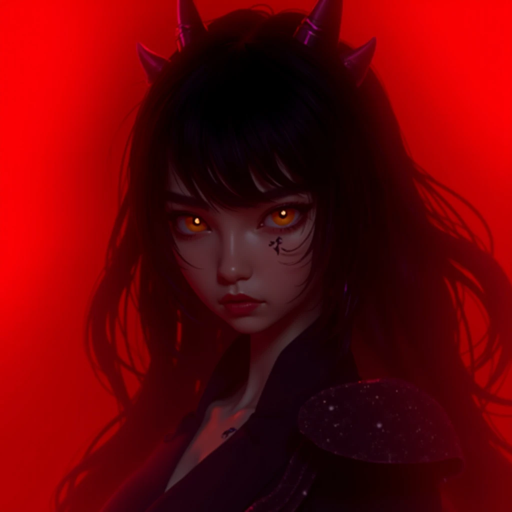 Stylized portrait of a woman with demonic appearance against a vibrant red background. She has long, straight black hair, straight bangs, and curved horns protruding from her head. Her eyes are red and her skin is pale. She wears a black outfit that exposes her shoulders. There's an inverted cross earring on her pointed ear. Her expression is serious and seductive, with full, parted lips. The artistic style is a blend of anime and realistic digital art, with contrasting black and red colors dominating the composition.