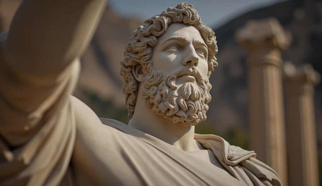 Closeup of a stoic Greek sculpture, virile physiques showcased prominently from the forefront, undeniably reminiscent of a statue of Marcus Aurelius or Zeus, muscle sinews intricately carved in stone, dominant Greek columns obscured gently in the background, cinematic ambiance, 8K resolution, steeped in obsidian hues.