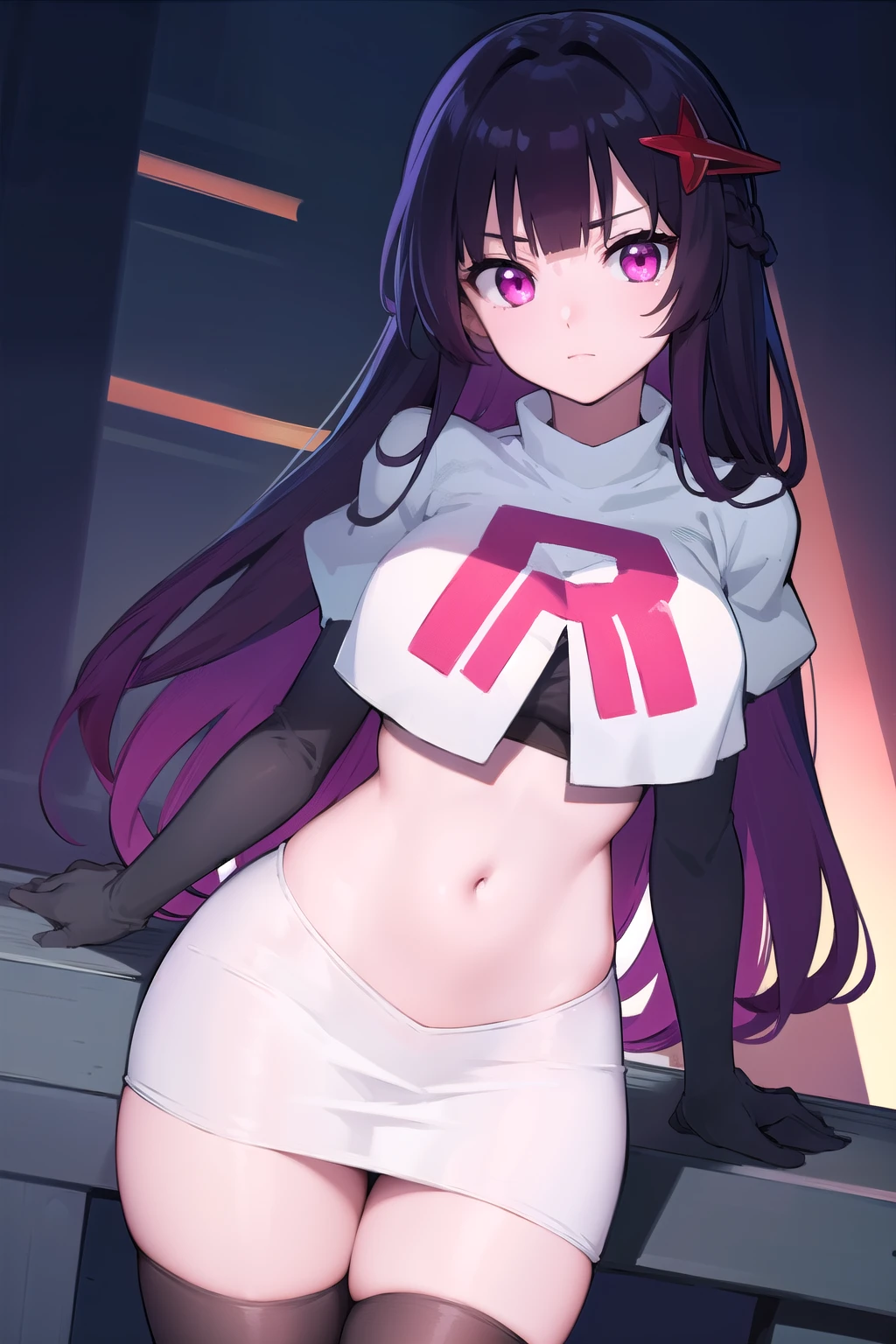 1girl, black hair, long hair, serious, salute, purple eyes, white bodysuit, bodysuit, large breasts, breasts, futuristic, tech, science-fiction, machinery, mature female, thick thighs, long sleeves, full body, ((full body)), standing, sneakers, ((standing))