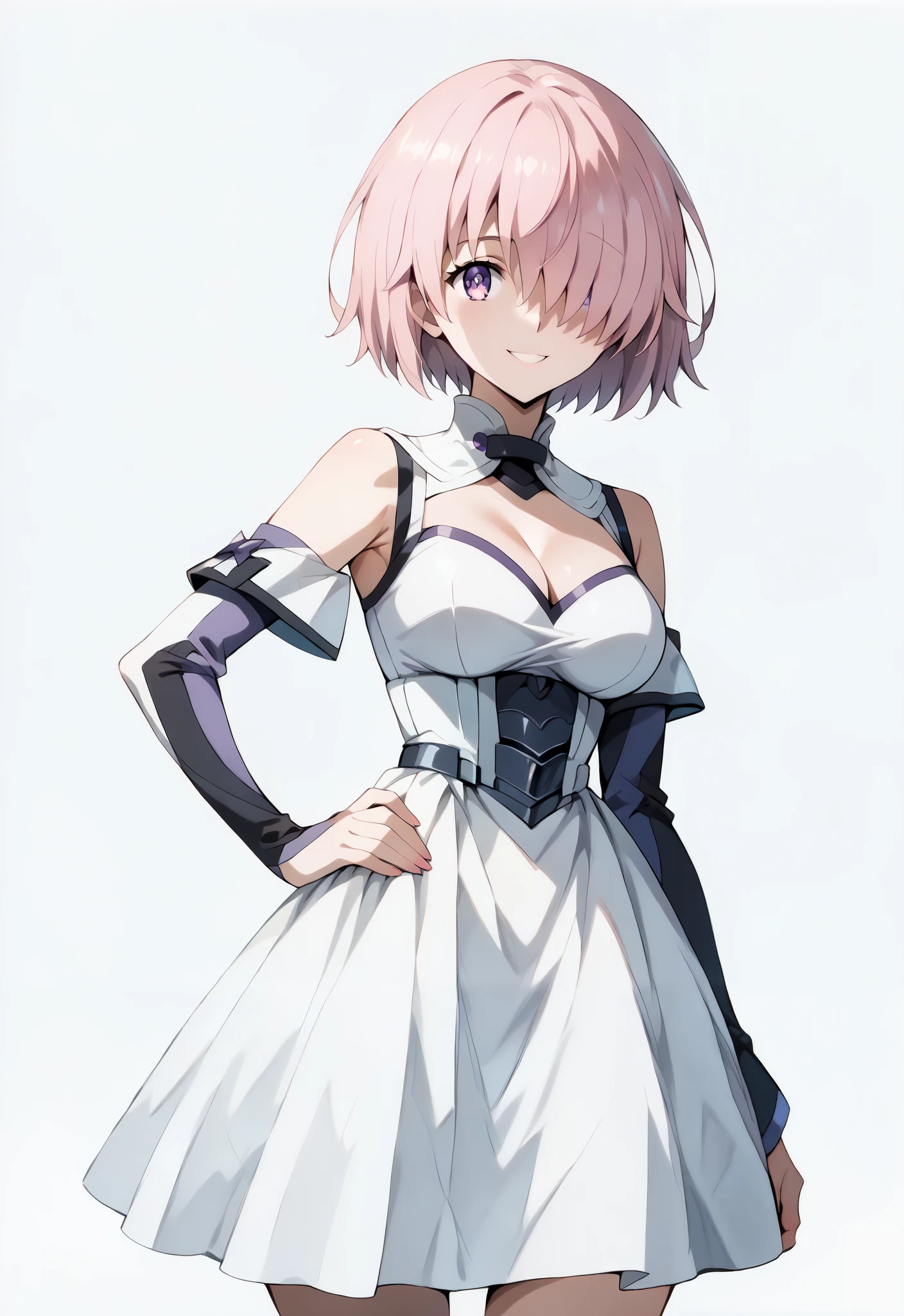 score_9, score_8_up, score_7_up, source_anime, 4K,perfect fingers,(perfect hands, perfect anatomy),prefect lighting, very aesthetic, intricate details,highly detailed background, masterpiece, high quality, best quality,
1girl, mashkyrielight, mash kyrielight, short hair, purple eyes, pink hair, hair over one eye,
wearing ((dress, white dress, Removable sleeves), Cleavage)),,
looking at the spectator, cowboy shot, filed, hand on hip, high thigh individual , (large breasts:0.9),Stand up,fullbody,((White plain background:1.5)) ,smile,
