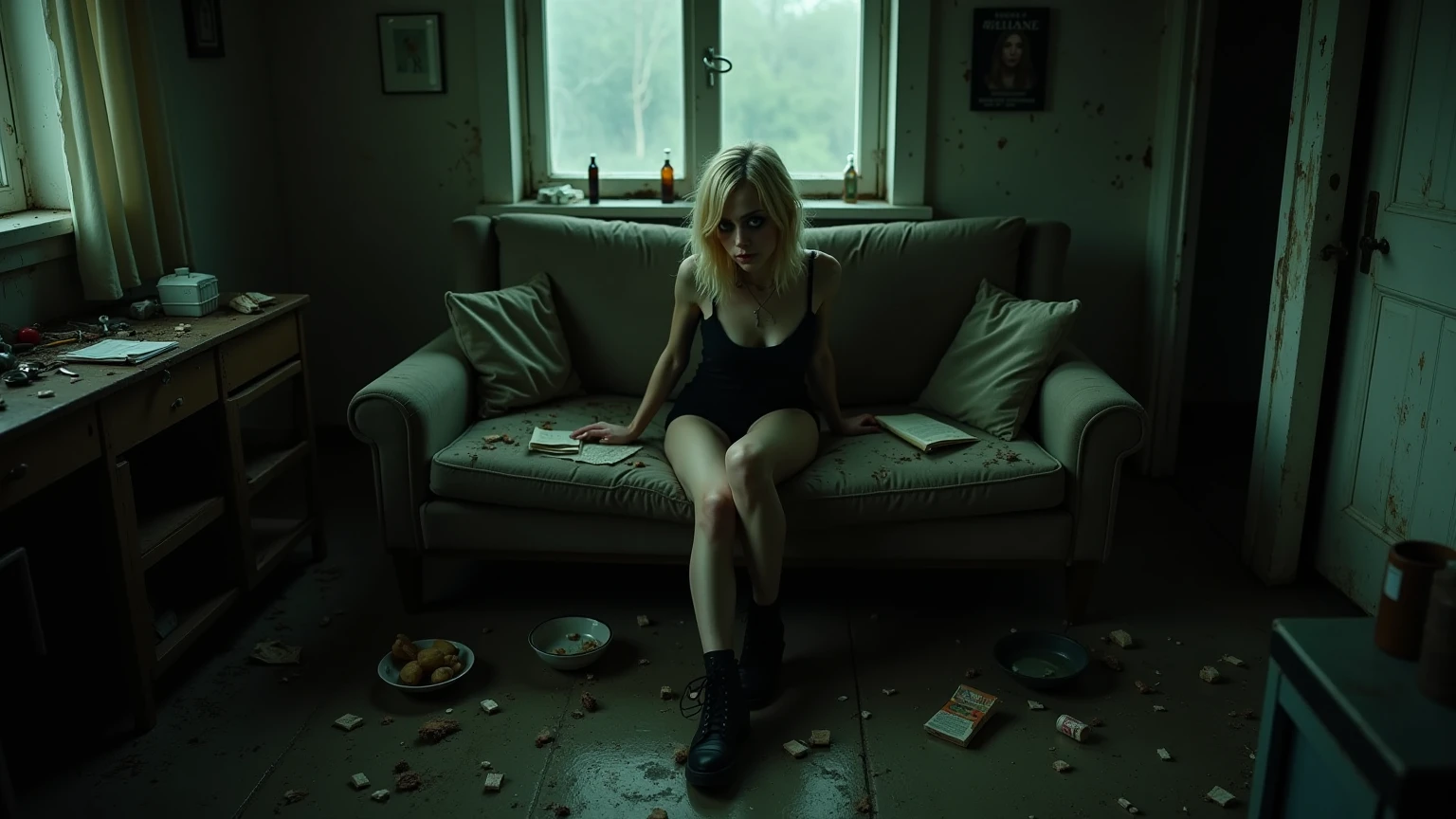 In a dimly lit, squalid apartment filled with drug paraphernalia, portrait, realistic, photography, of drug addicted tiny blonde young woman in black shorts and black shoes, looks like Emma Stone, Large interpupillary distance, white trash clothes gothic, Smokey Eyes, lies sprawled on a stained,unconscious , threadbare sofa. in front of her, a cluttered table overflows with bottles, crumpled papers, pipes, snack wrappers, and scattered trash. The room is cluttered with discarded needles, burnt spoons, and empty pill bottles, while overflowing ashtrays and fast-food wrappers litter the floor. Flickering fluorescent lights cast eerie shadows, highlighting the peeling wallpaper and grime-covered windows, emphasizing the despair and neglect that pervade the scene 