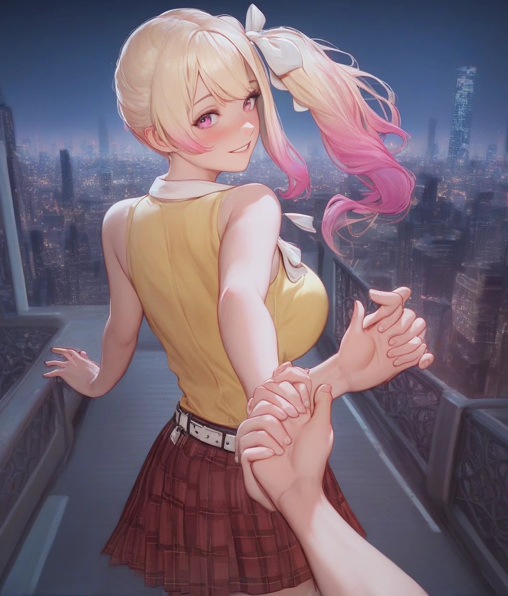 (masterpiece, best quality, very aesthetic)8k,detailed,beautiful color,amazing quality,highres,4k,
1girl, solo, rin,blonde hair,multicolored hair, side ponytail,pink hair, gradient hair,pink eyes,large breasts, 
(skirt), (sleeveless), (shirt), (belt), (sleeveless shirt), (plaid), (plaid skirt), (pleated skirt), (collared shirt), (yellow shirt), (white bow)
(POV hand-holding:1.2), (girl pulling viewerâs hand:1.3), (walking in city:1.1), (date:1.0), (smiling happily:1.2), (looking back at viewer:1.1), (night cityscape:1.1),  (warm atmosphere:1.0), (blush:1.0)
from behind,