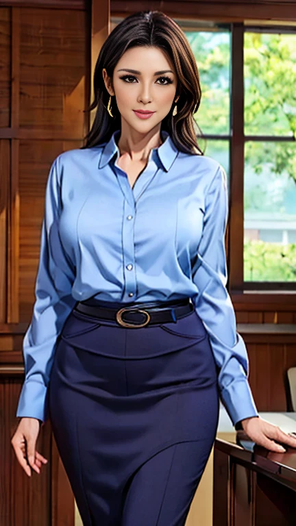 (a masterpiece portrait of a woman with ultra detailed features, in 8K resolution, with crisp quality and vibrant colors)、(from front、 face forward:1.4)、Beautiful female teacher、50 year old mature woman wearing a neat blouse、 pencil skirt with belt、 slender figure、 school classroom、During class、perfect hand、Perfect legs、 anatomically correct hand、Dark brown hair、 Up Hair、