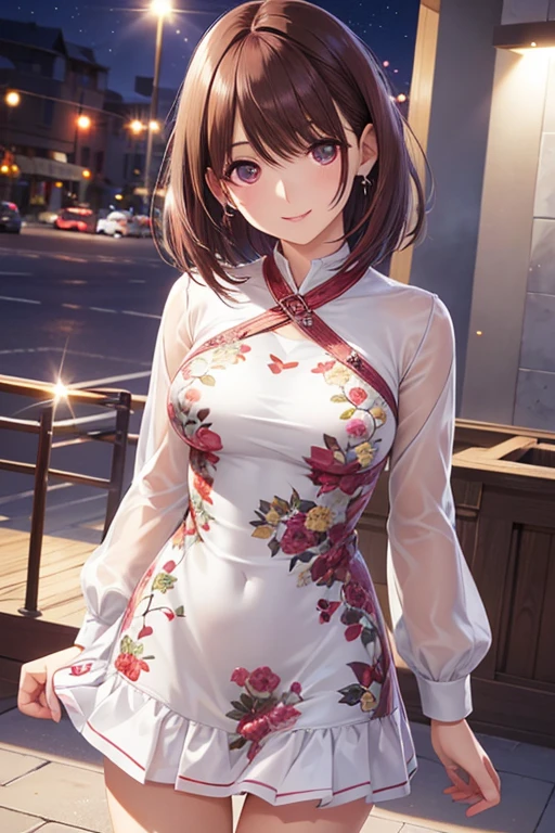 anegasaki nene、 shiny maroon hair,  short hair, ( brown pretty eyes 、 sparkling eyes , Fine grain)、smile、 super detailed eyes、 very detailed face,  very detailed eyes,cowboy shot、



 ( top quality ,  Photorealistic ,  Ultra Details), Perfect body proportions, Slim fit,  print designer mini dress, City Park, Late Night