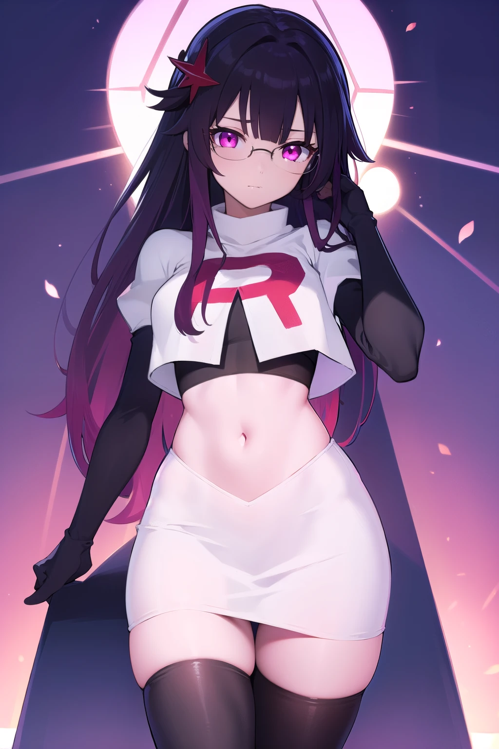 honkaisparkle, black hair, colored inner hair, glasses, hair intakes, hair ornament, hairclip, long hair, multicolored hair, (pink eyes:1.3), purple hair, straight hair, 
BREAK team rocket,team rocket uniform,white skirt,red letter R,crop top,black thigh-highs,black elbow gloves,
BREAK looking at viewer, cowboy shot,
BREAK (masterpiece:1.2), best quality, high resolution, unity 8k wallpaper, (illustration:0.8), (beautiful detailed eyes:1.6), extremely detailed face, perfect lighting, extremely detailed CG, (perfect hands, perfect anatomy),