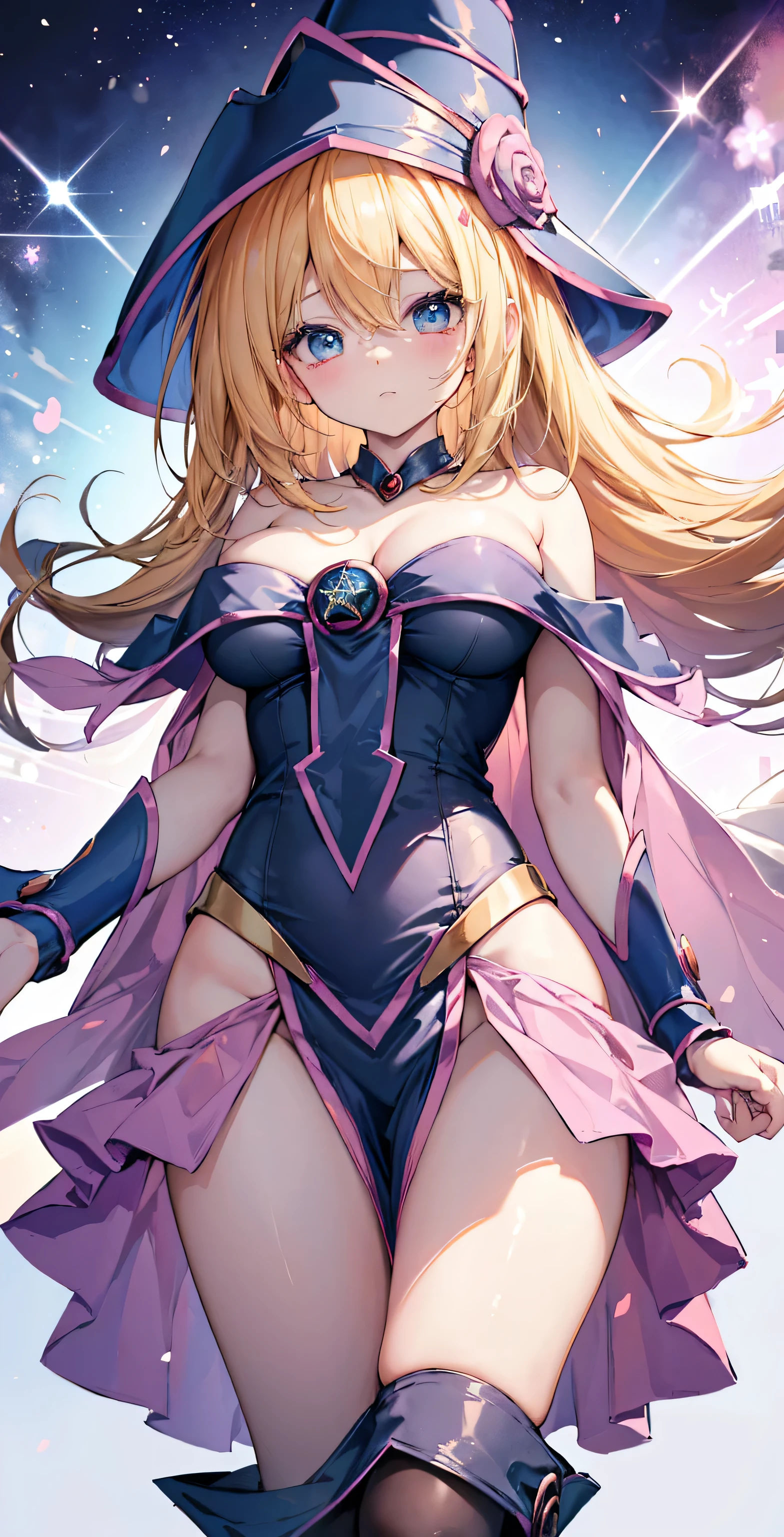 master piece,best quality,ultra detailed,8k, ambient light,realistic skin,glossy skin,、
(dark magician girl, duel monster, blush stickers, blonde hair, green eyes, long hair, breasts, blush, bangs, large breasts, hair between eyes, pentacle, pentagram, hat, dress, cleavage, bare shoulders, collarbone, choker, blue headwear, wizard hat, bracer, detached sleeves;)、
(sitting、squating、looking down、look at the viewer、from below)、
(the body is very wet:1.3)、My clothes are transparent and I can see my underwear、(Gesture to hide the chest:1.3)、constriction、(delicate body:1.3)、small bust、emphasizing the cleavage:1.3、 glossy lips、Slightly emphasize the lower lip、blush、embarrassed expression、
fantastic night sky、full moon、aurora、horizon、open-air bath、Japanese inn、Castle、futon