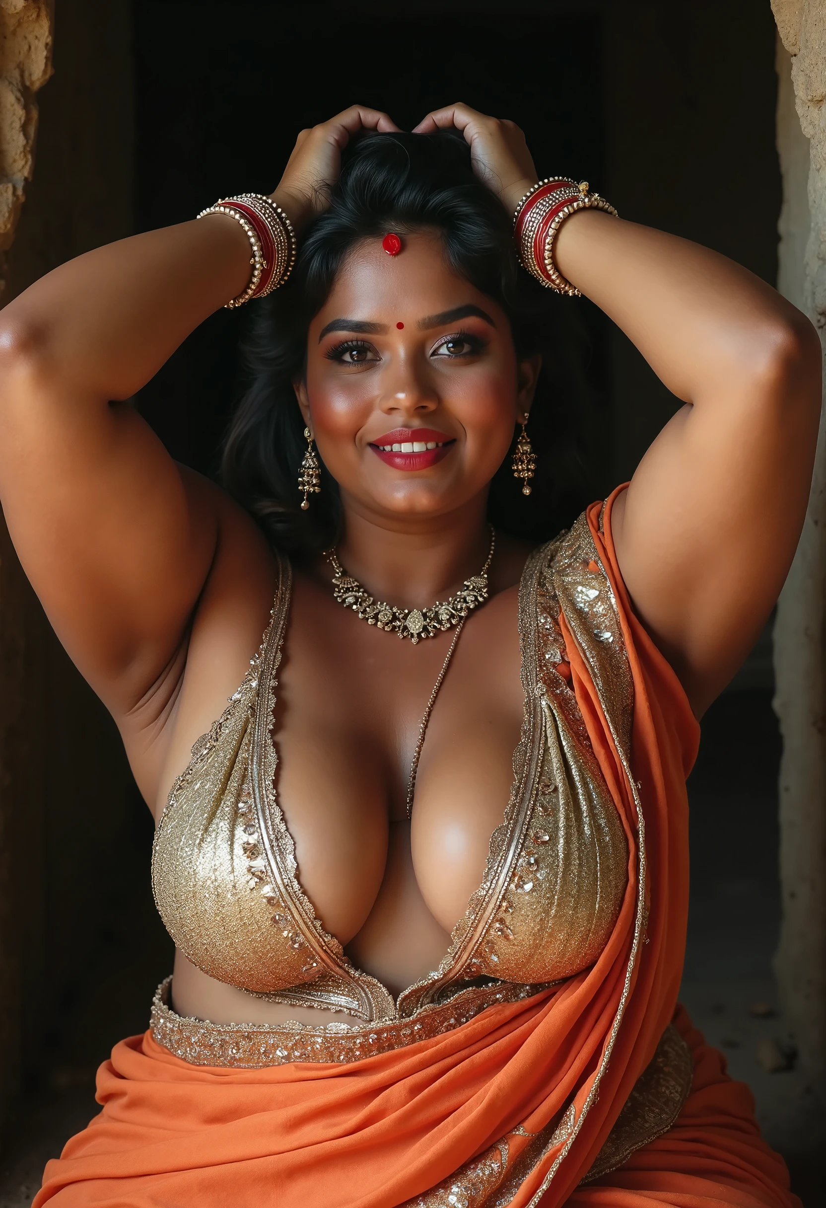 Indian woman, 22 yo, river ganges in the background, traditional indian sari, chiffon sari, beautifully draped sari, tight sari, very tight sleeveless blouse showing her juicy cleavage, perfect round cleavage, (muscular body), hdr, (insane details, hyper realism:1.2), (insane skin detail), (photorealistic skin:1.4), cinematic lighting, (rim lighting:1.3), color grading, focused, (high skin detail:1.2), pores, sweaty skin, Fujifilm XT3, color correction,
