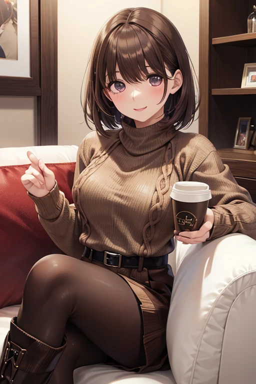 1lady standing, /(oversized sweater/) v-neck, mature female, /(brown hair/) bangs, blush kind smile, (masterpiece best quality:1.2) delicate illustration ultra-detailed, large breasts pantyhose BREAK /(modern house living room/) indoors
