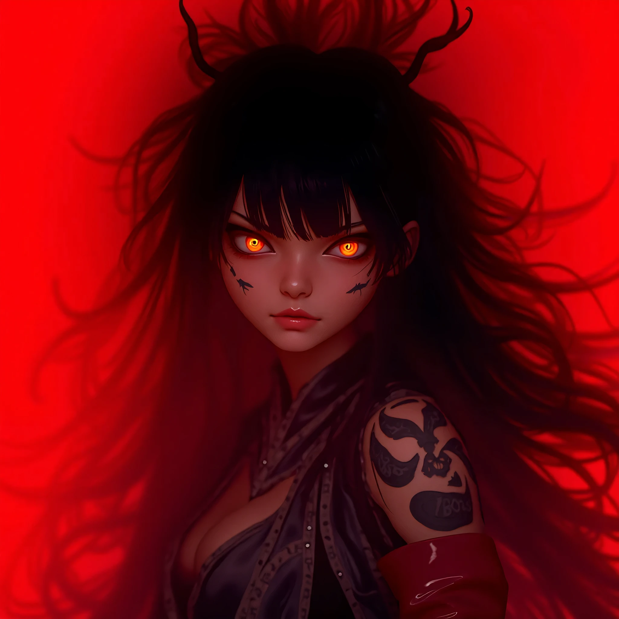 Close-up from waist to head:
A beautiful young Korean woman .
black hair, seeds, Foot-length , bangs covering the forehead.
honey-colored eyes , expressive, obfuscating, bioluminescentes.
horns on the head.
face tattoo.
angry expression .
Medium and pointed breasts .
fine winding.
Dressed in a modern samurai outfit.
in battle pose.
It's on its side.
left environment.
Remote profile view.
Simple red background .
(anime style 32K, 3d, HDR, UHD, intricate detail, extremely intricate detail, hyperrealistic, extremely realistic, high quality, vivid color , extremely detailed).