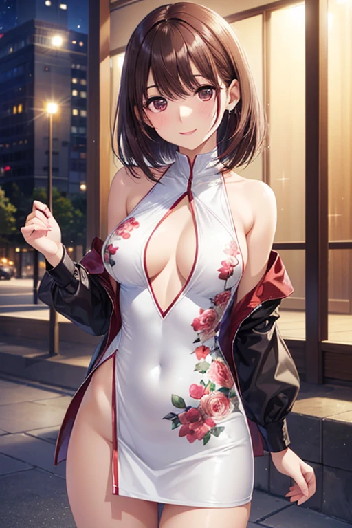 anegasaki nene、 shiny maroon hair,  short hair, ( brown pretty eyes 、 sparkling eyes , Fine grain)、smile、 super detailed eyes、 very detailed face,  very detailed eyes,cowboy shot、



 ( top quality ,  Photorealistic ,  Ultra Details), Perfect body proportions, Slim fit, printed slip mini dress, City Park, Late Night,Bare shoulders