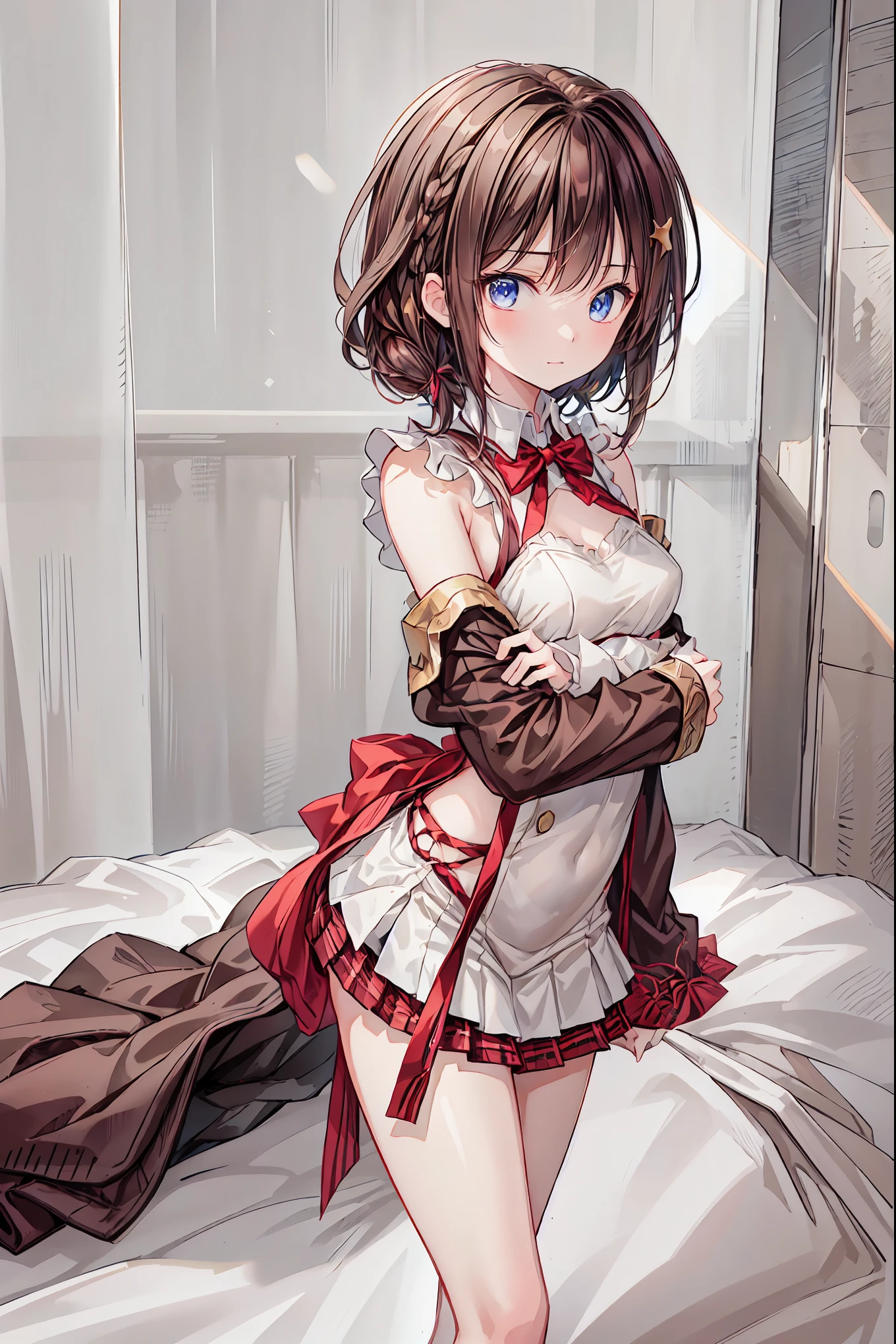 (8k、  highest image quality taken by Ki 、 top quality 、masterpiece)、 detailed face 、(( two girls))、((Twins))、Improve、 black hair、 twin tails、blunt bangs、 light blue eyes 、(( small breasts))、(( white shirt))、((Open the clothes))、(( black pleated skirt))、(( miniskirt))、 cowboy carrying bodies shot 、Under the arms、 sit on the bed、Take a photo from the front、Bedroom Background、Brown Hair， shortcuts， Unkempt Hair ，Short braided hair，Neat， slender beautiful woman，Correct posture，Small chest， beautiful legs， enchanting gray-blue eyes shine like stars，Droopy eyes， brightly colored , beautiful eyes,A delicate smile,Textured Skin, best quality best , gentle and beautiful woman , anime style､