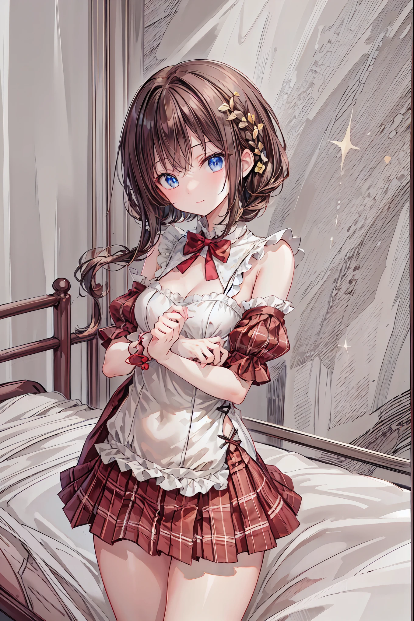 (8k、 highest image quality taken by Ki 、 top quality 、masterpiece)、 detailed face 、(( two girls))、((Twins))、Improve、 black hair、 twin tails、blunt bangs、 light blue eyes 、(( small breasts))、(( white shirt))、((Open the clothes))、(( black pleated skirt))、(( miniskirt))、 cowboy carrying bodies shot 、Under the arms、 sit on the bed、Take a photo from the front、Bedroom Background、Brown Hair, shortcuts, Unkempt Hair ,Short braided hair,Neat, slender beautiful woman,Correct posture,Small chest, beautiful legs, enchanting gray-blue eyes shine like stars,Droopy eyes, brightly colored , beautiful eyes,A delicate smile,Textured Skin, best quality best , gentle and beautiful woman , anime style、