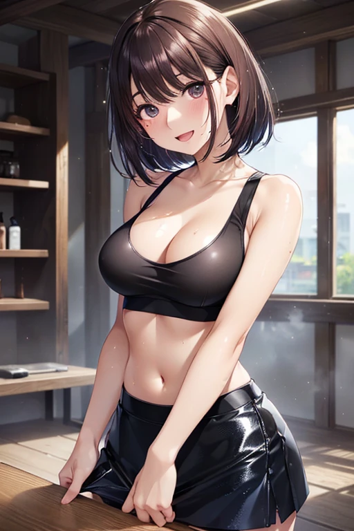 anegasaki nene、 shiny maroon hair,  short hair, ( brown pretty eyes 、 sparkling eyes , Fine grain)、smile、 super detailed eyes、 very detailed face,  very detailed eyes,cowboy shot、



 1 Woman , black hair,Age 25,(((Blue shiny micro tight skirt)))(((、 Open Mouth Smile )),crowd, Sweaty(( sexy black bra and through tank top))