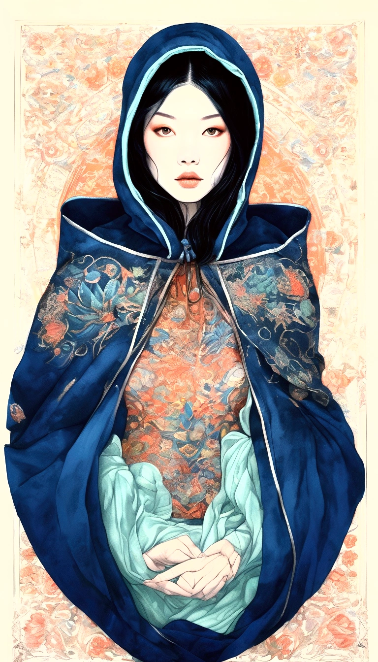  luminous ,  tattoo design:  front body view  ( upper half of the body ), (young girl with blue riding hood) face in position 3/4,  beautiful detailed eyes , black hair tied on top of her head (some curls fall down). hermosa jovencita con riding hood Dark blue,  by Tsutomu Nihei  ,( strange but extremely beautiful:1.4),(  masterpiece,  best quality :1.4),in the style of nicola samori,Mante, Ukiyo-e art,d style page&#39;Erik Madigan Heck,retrato, illustration,Drawing,Contour,bold Contour, luminous  , tattoo design ,Alex Gross style page ((8K)) (( Ultra high definition )) (( masterpiece)) ( upper half of the body ). background landscape blends with clothing. (riding hood Dark blue con patrón detailed textile de "8-pointed yellow stars ") ((blue riding hood covers her torso, only her forearms and hands can be seen (one hand on chest, the other hand on her abdomen)) (Dark blue, coral, cream, pale green) (Detailed lines) (detailed textile) ((elongated torso)) (((DEFINED TEXTILE FOLDS))) ((Plain background)) ((hdr)) ((8K))