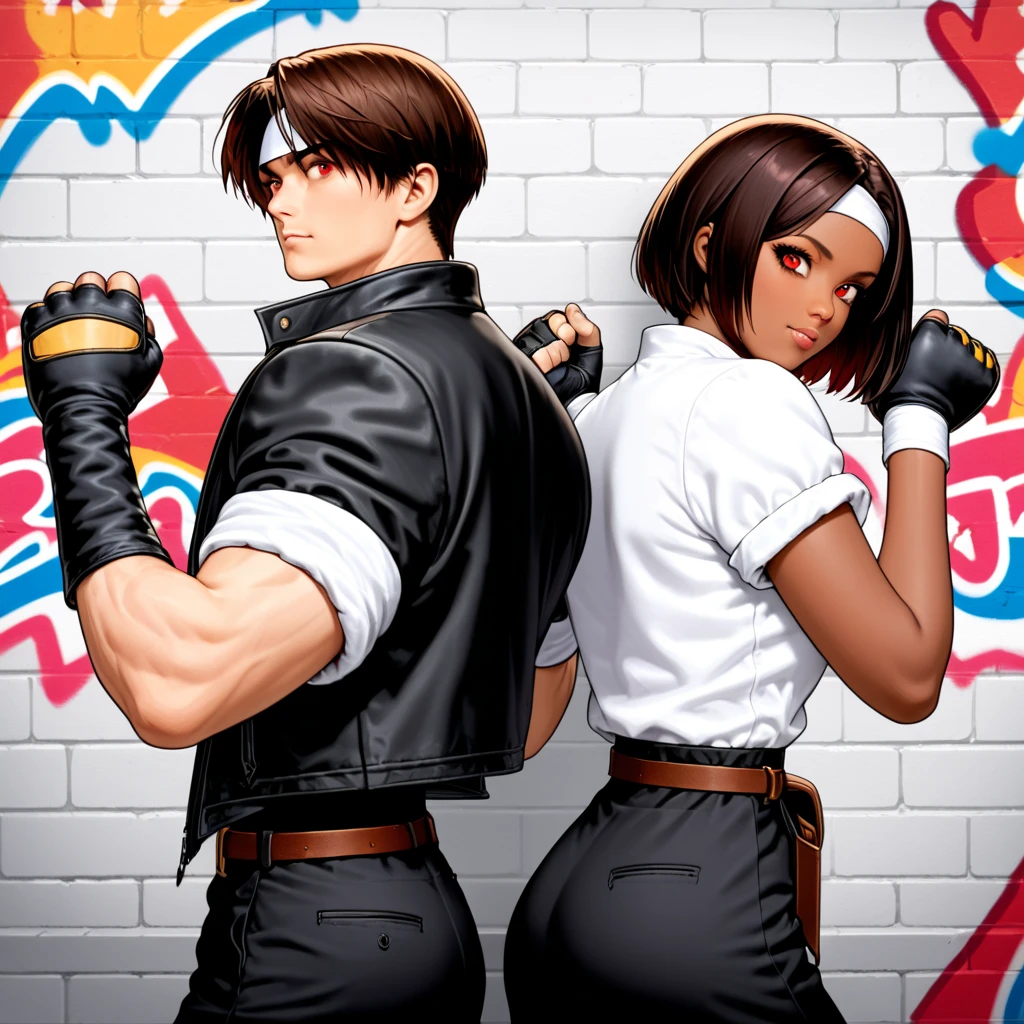 Couple, 2 people, dark hair, red eyes, viewer, parted in the middle, short hair, dark skin, same hair, clothes and skin color for both sex, ((black jacket with rolled up sleeves)), fingerless gloves, white t-shirt, (white headband)), black pants, white shoes, brown belt, pretty pose, portrait (back to back), full body view, background is a graffiti wall